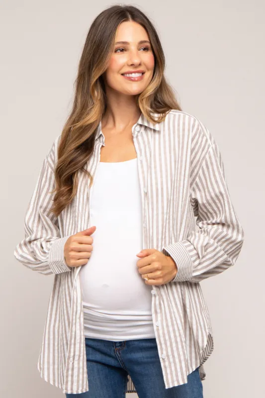 Grey Striped Button Up Long Sleeve Maternity Top sold by Pinkblush