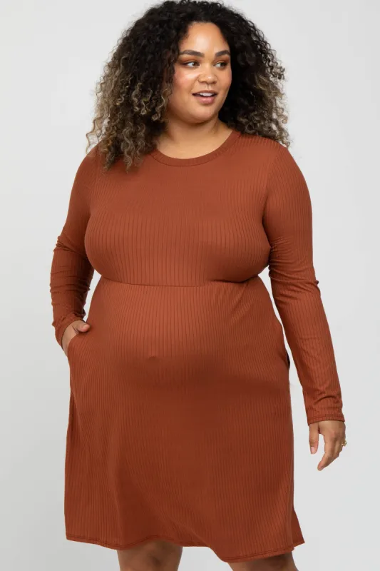 Rust Ribbed Long Sleeve Plus Maternity Dress sold by Pinkblush