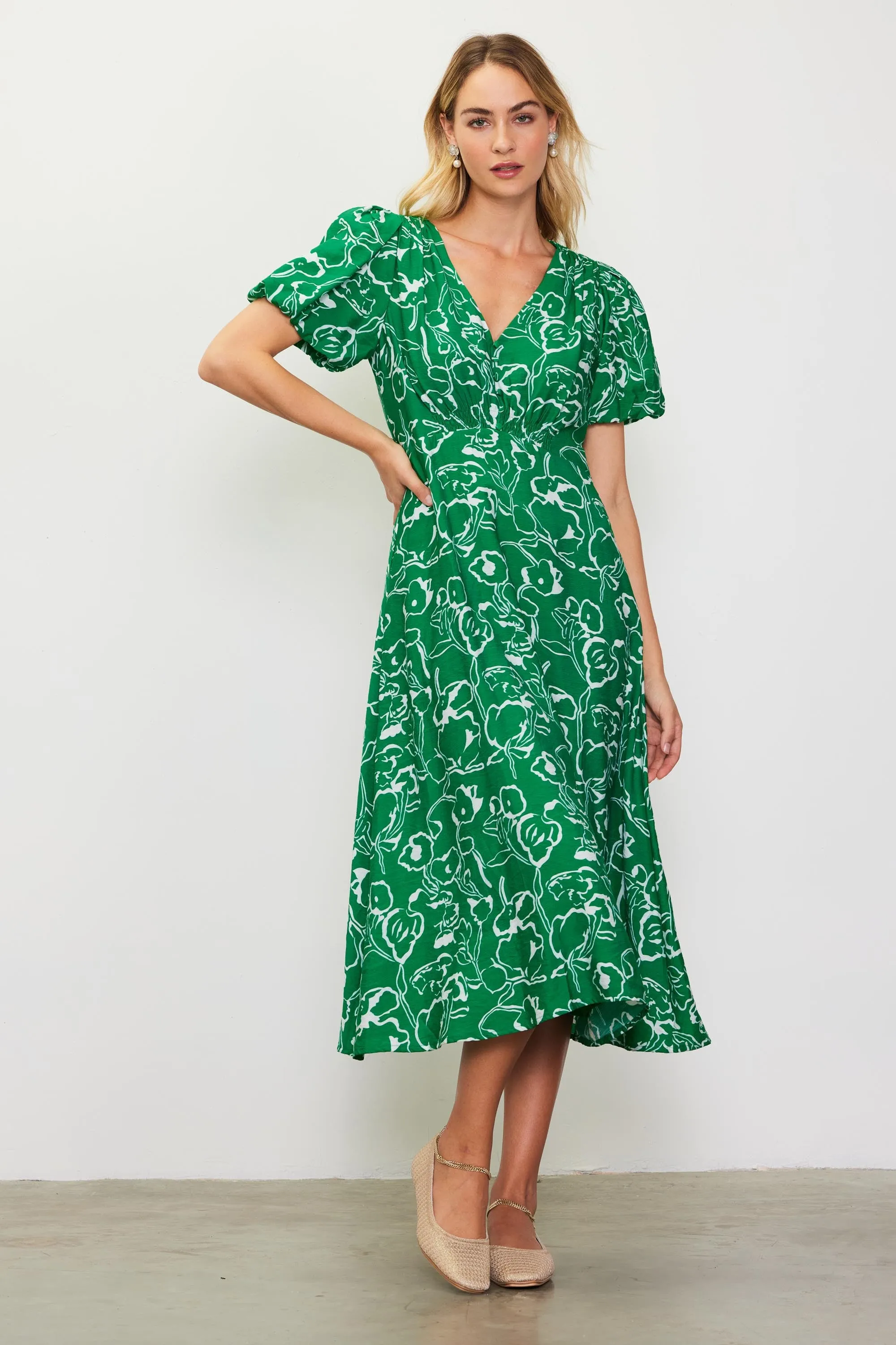 Green Floral Button Front Short Sleeve Midi Dress sold by Pinkblush