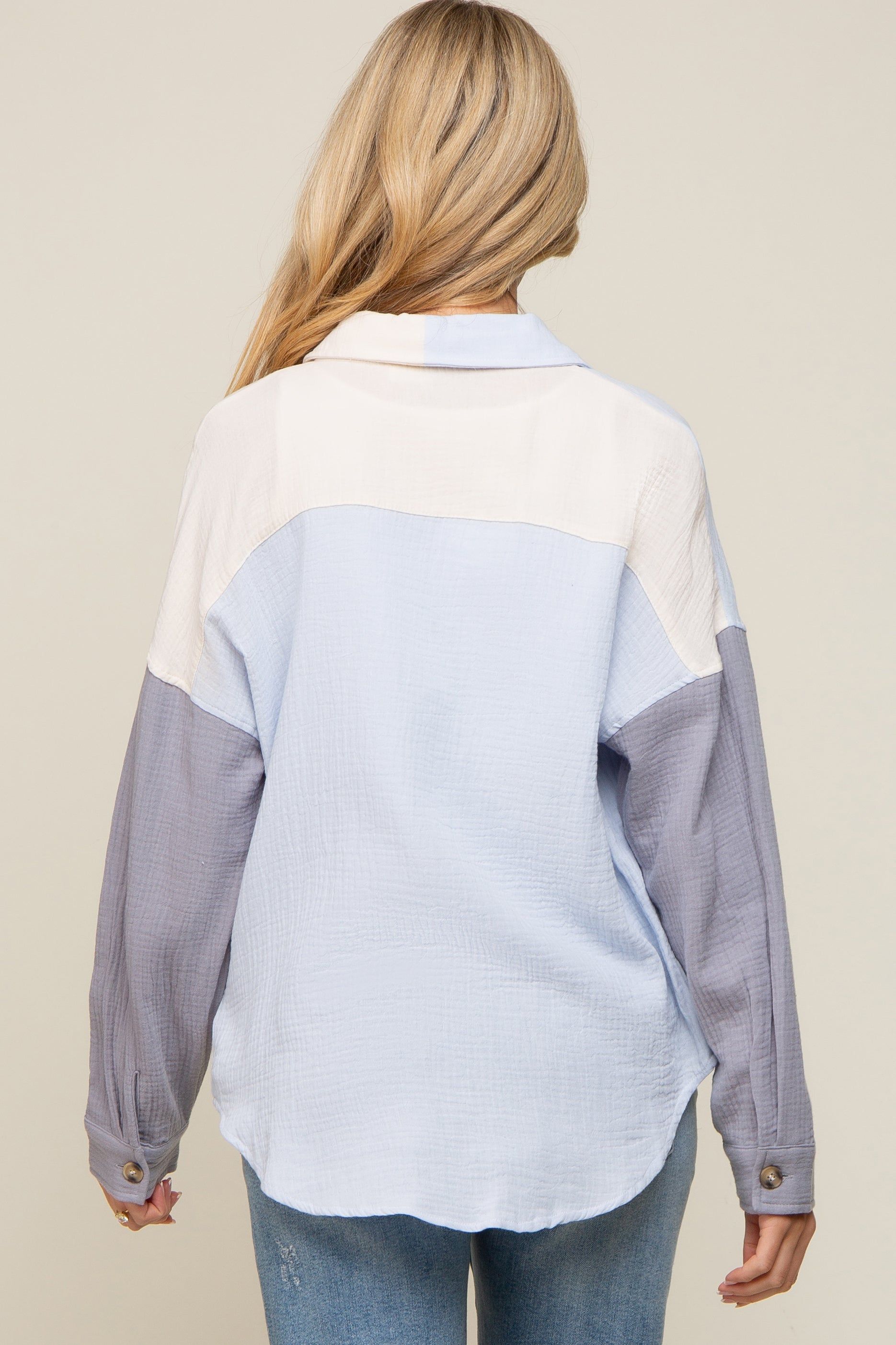 Blue Color Blocked Button Front Gauze Maternity Top sold by Pinkblush product image thumbnail 3