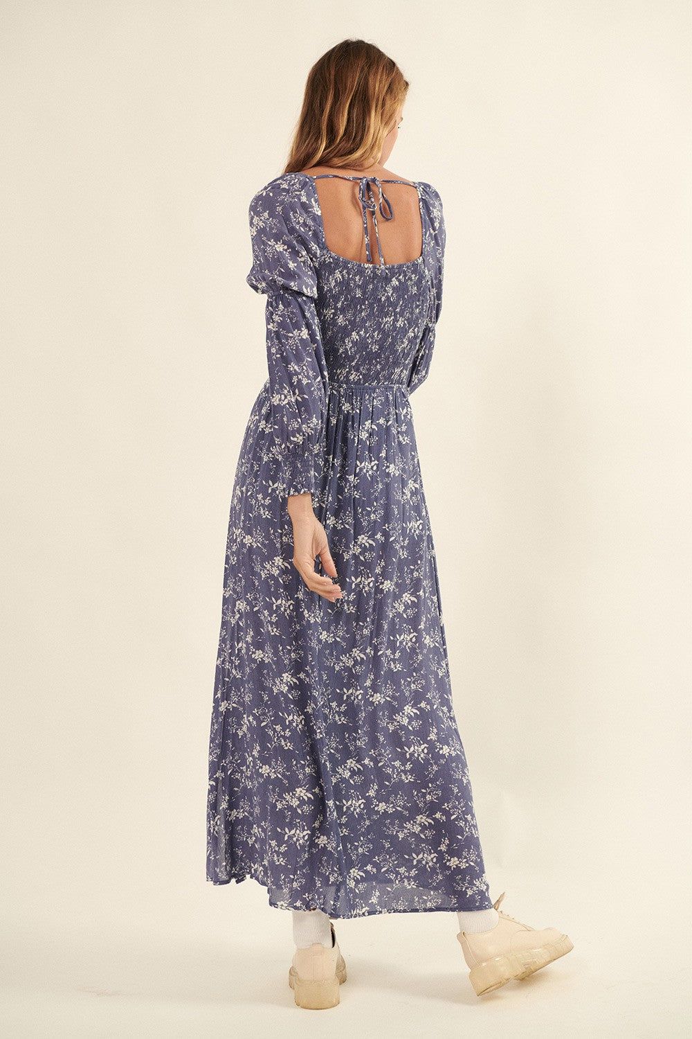 Navy Floral Square Neck Low Smock Back Maxi Dress sold by Pinkblush product image thumbnail 2