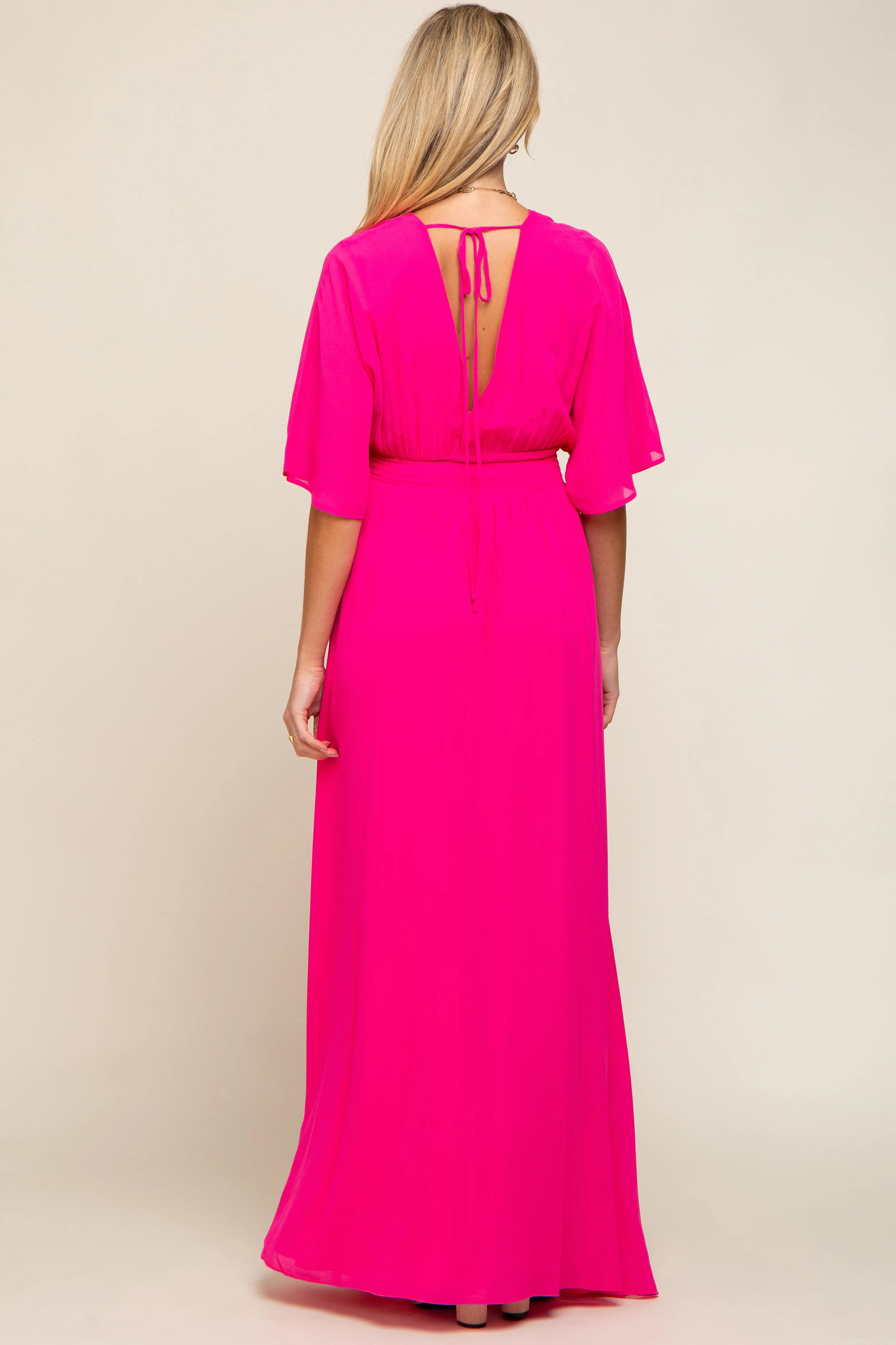 Fuchsia Chiffon V-Neck Smocked Waist Maternity Maxi Dress sold by Pinkblush product image thumbnail 3