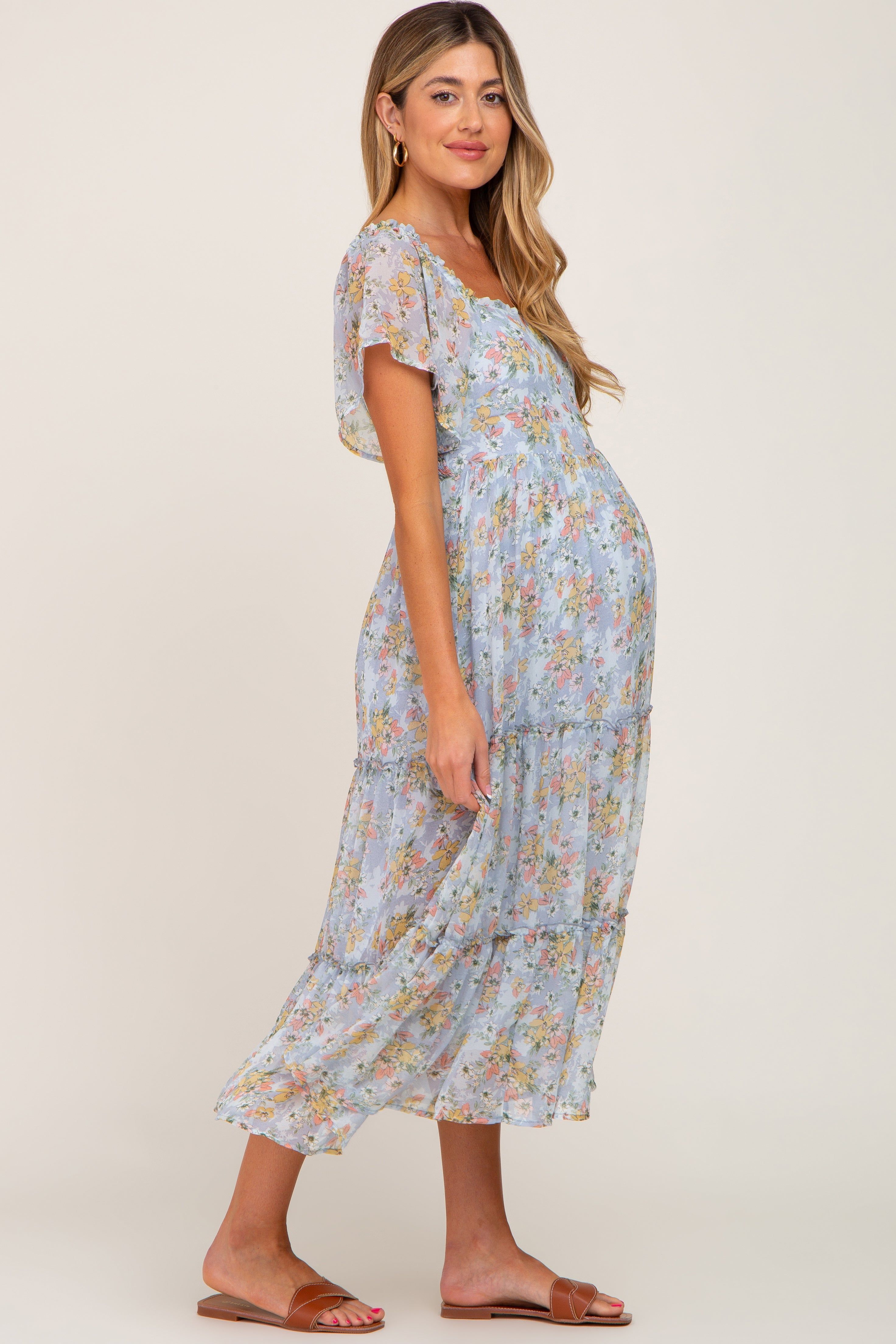 Light Blue Floral Chiffon Tiered Maternity Midi Dress sold by Pinkblush product image thumbnail 2
