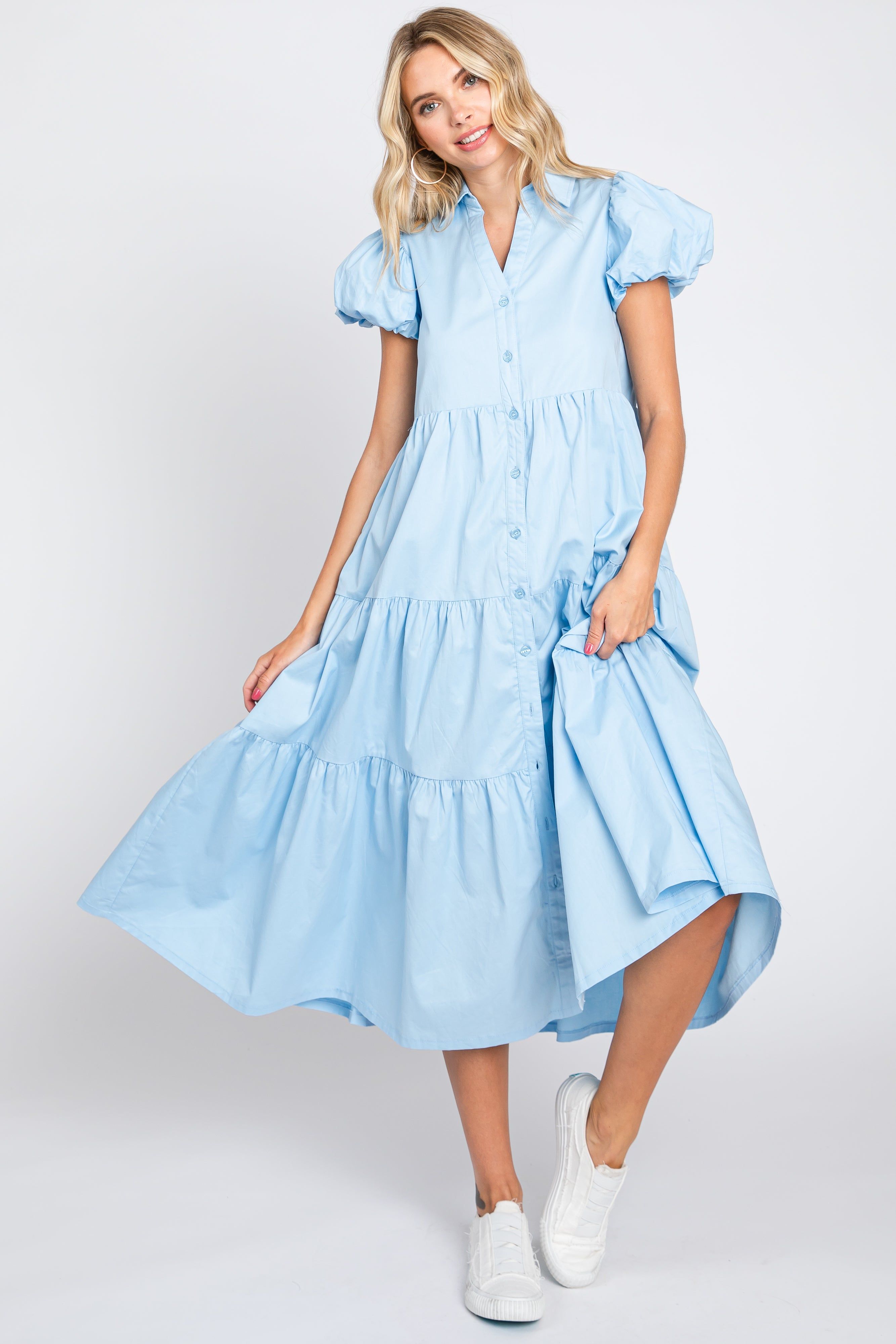 Light Blue Puff Sleeve Button Down Midi Dress sold by Pinkblush product image thumbnail 4