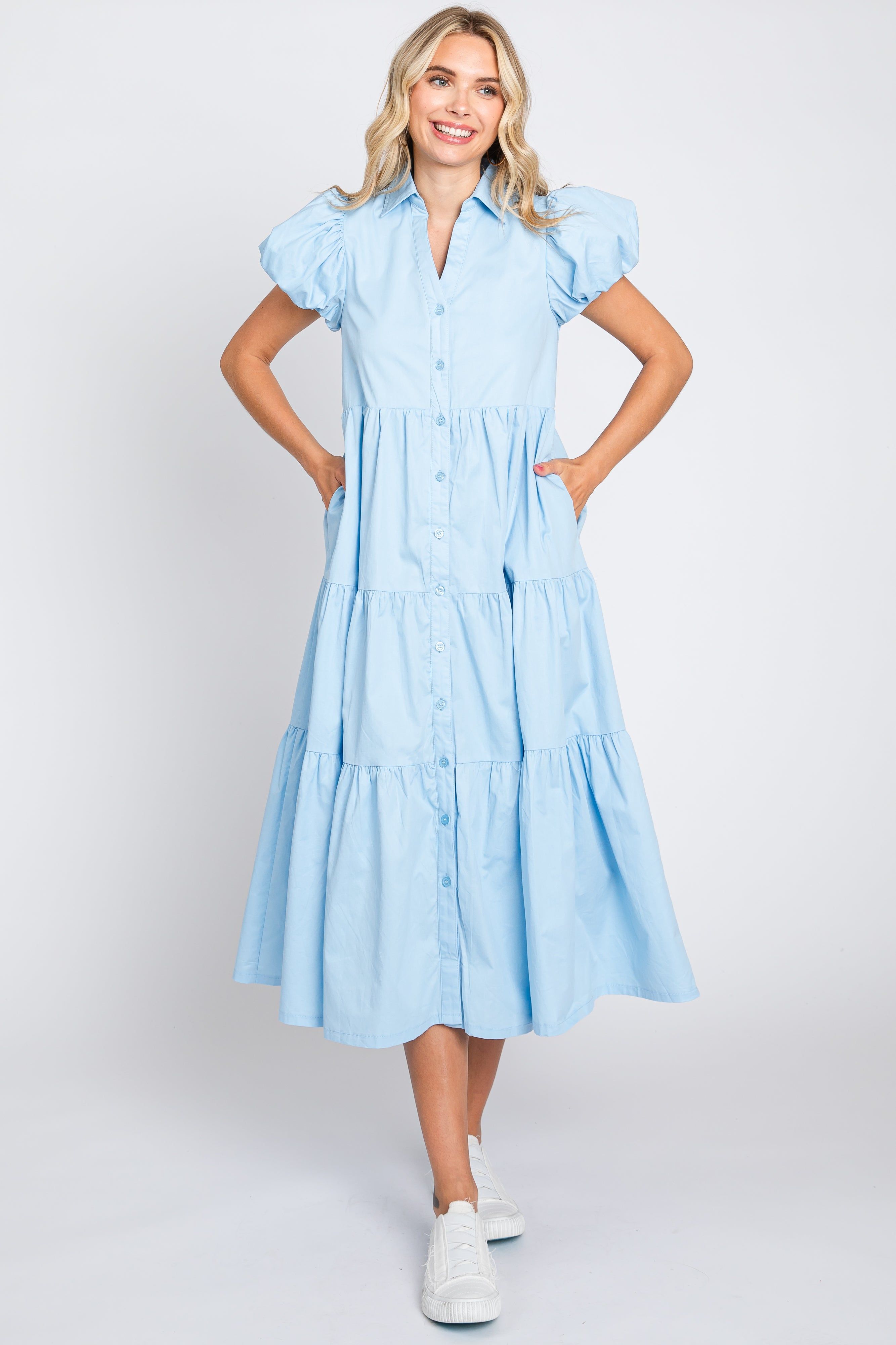 Light Blue Puff Sleeve Button Down Midi Dress sold by Pinkblush