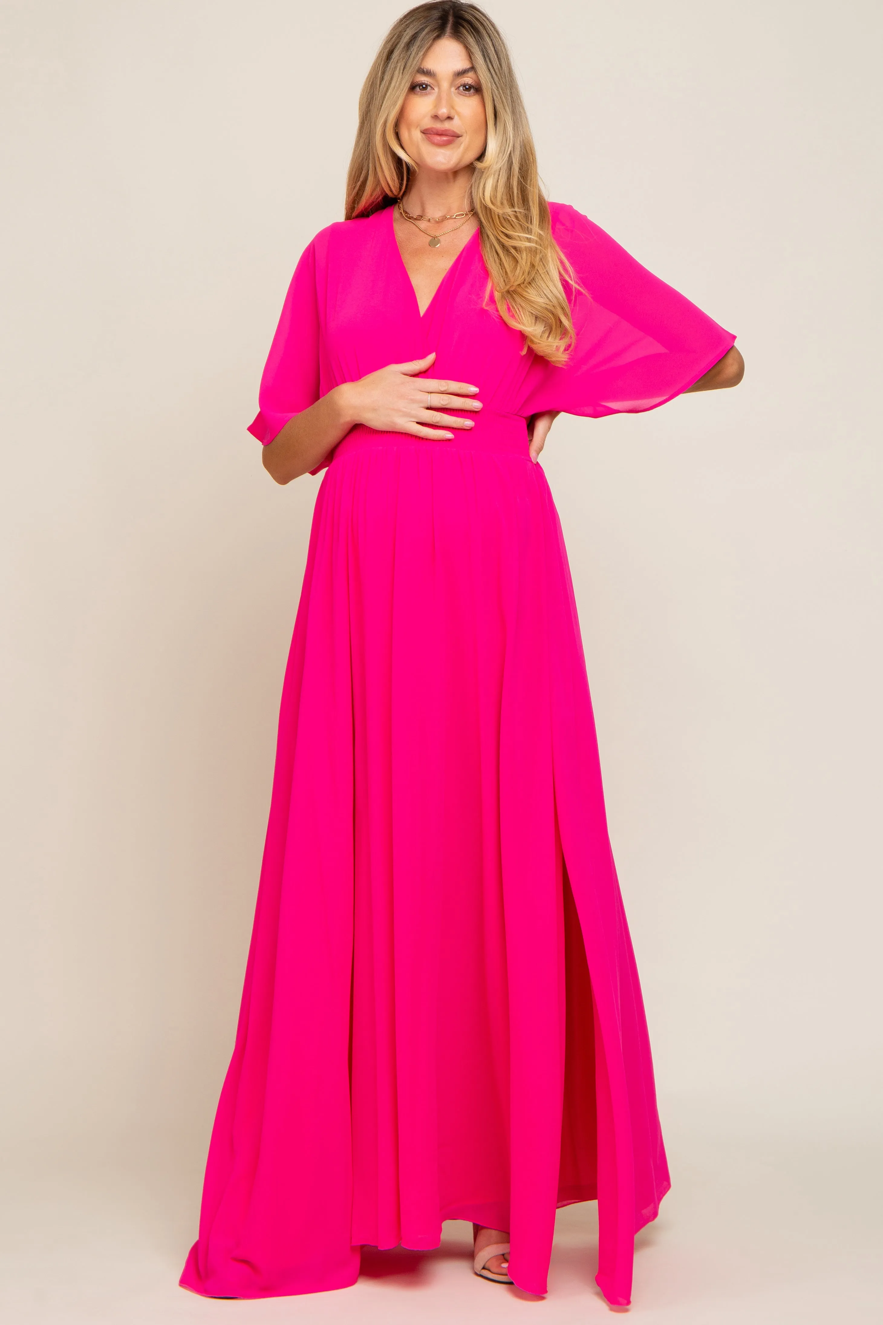Fuchsia Chiffon V-Neck Smocked Waist Maternity Maxi Dress sold by Pinkblush product image thumbnail 4