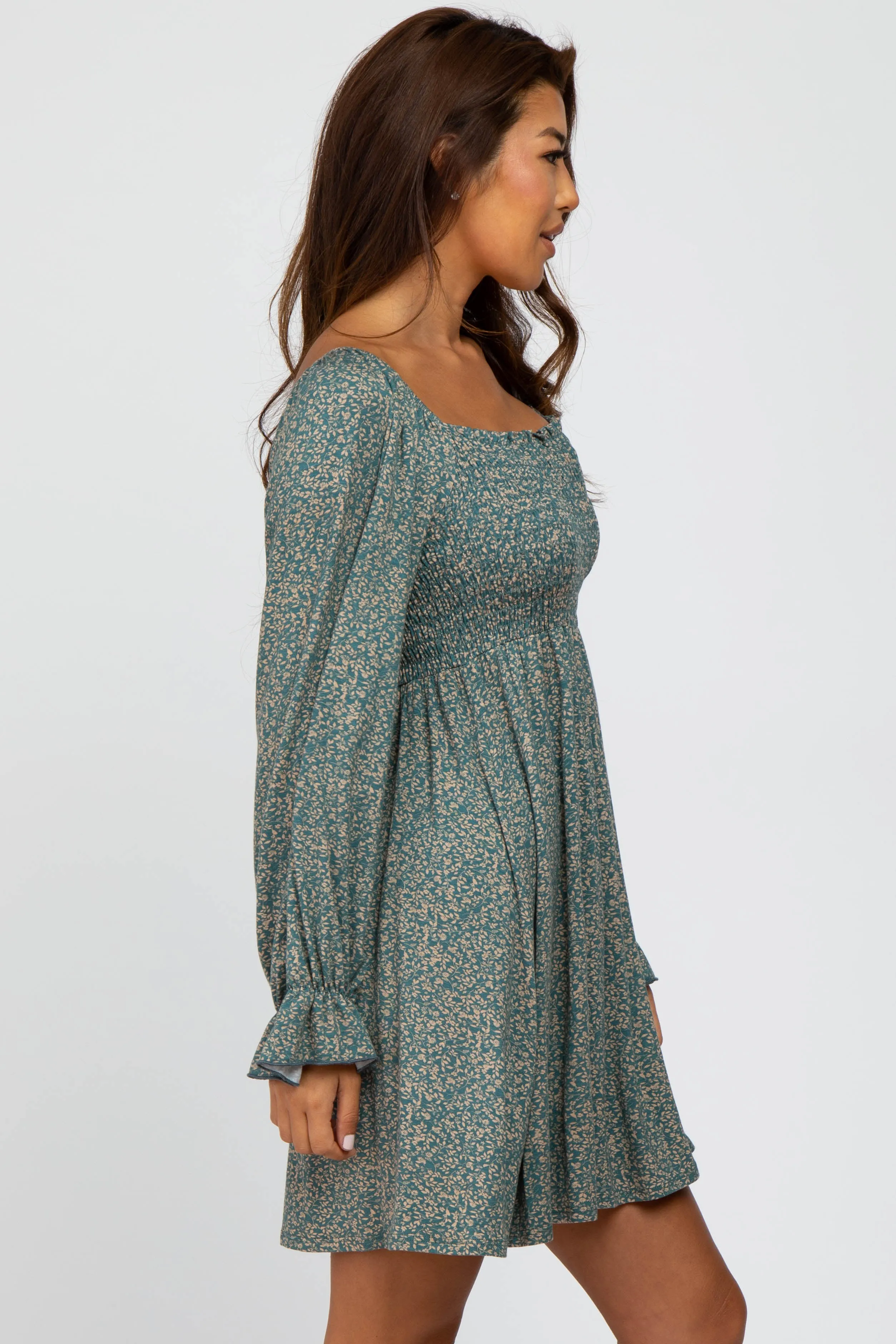 Teal Floral Smocked Peasant Sleeve Dress sold by Pinkblush product image thumbnail 3