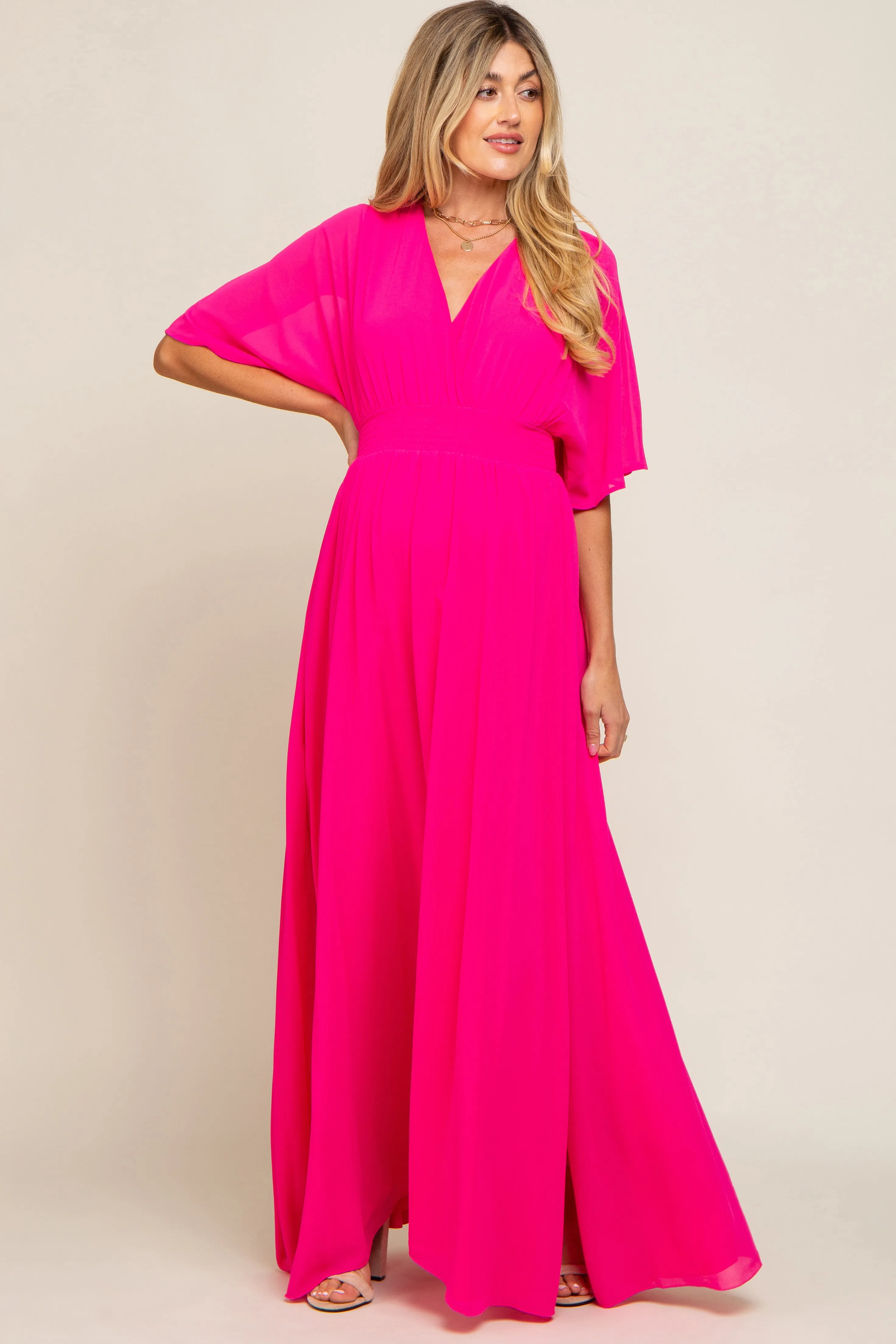 Fuchsia Chiffon V-Neck Smocked Waist Maternity Maxi Dress sold by Pinkblush