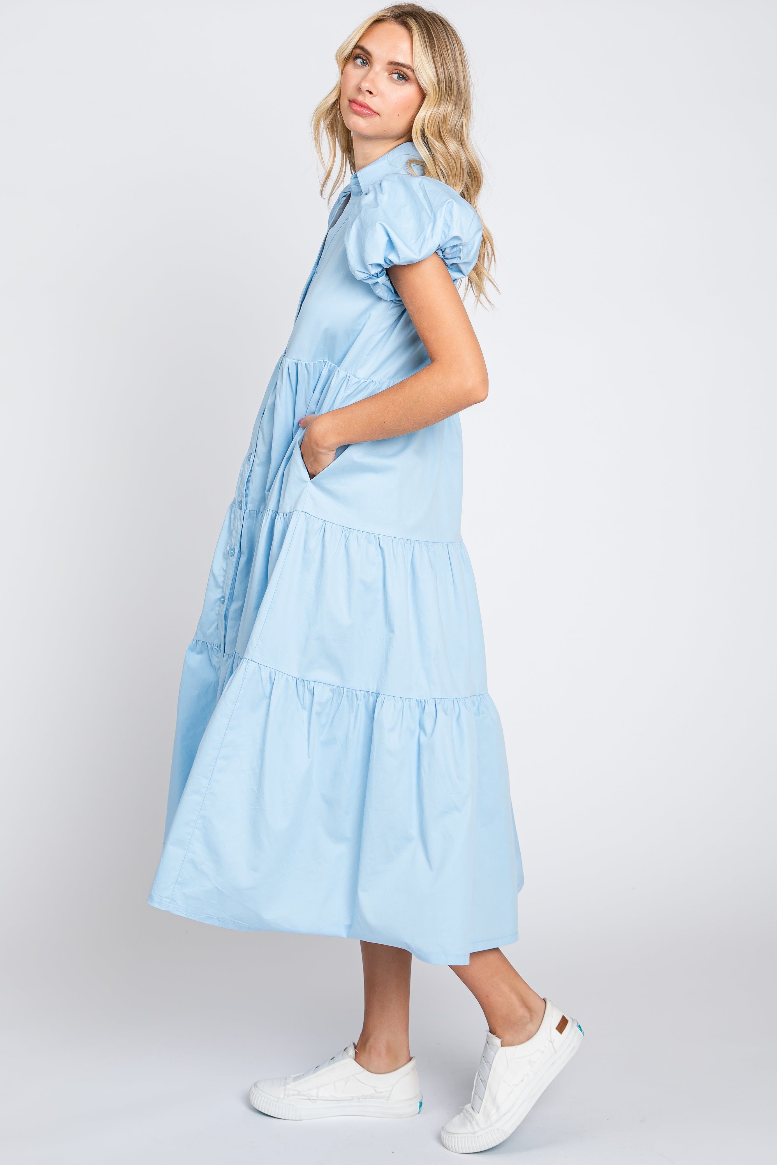Light Blue Puff Sleeve Button Down Midi Dress sold by Pinkblush product image thumbnail 2