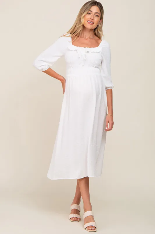 Ivory Swiss Dot 3/4 Sleeve Maternity Midi Dress sold by Pinkblush