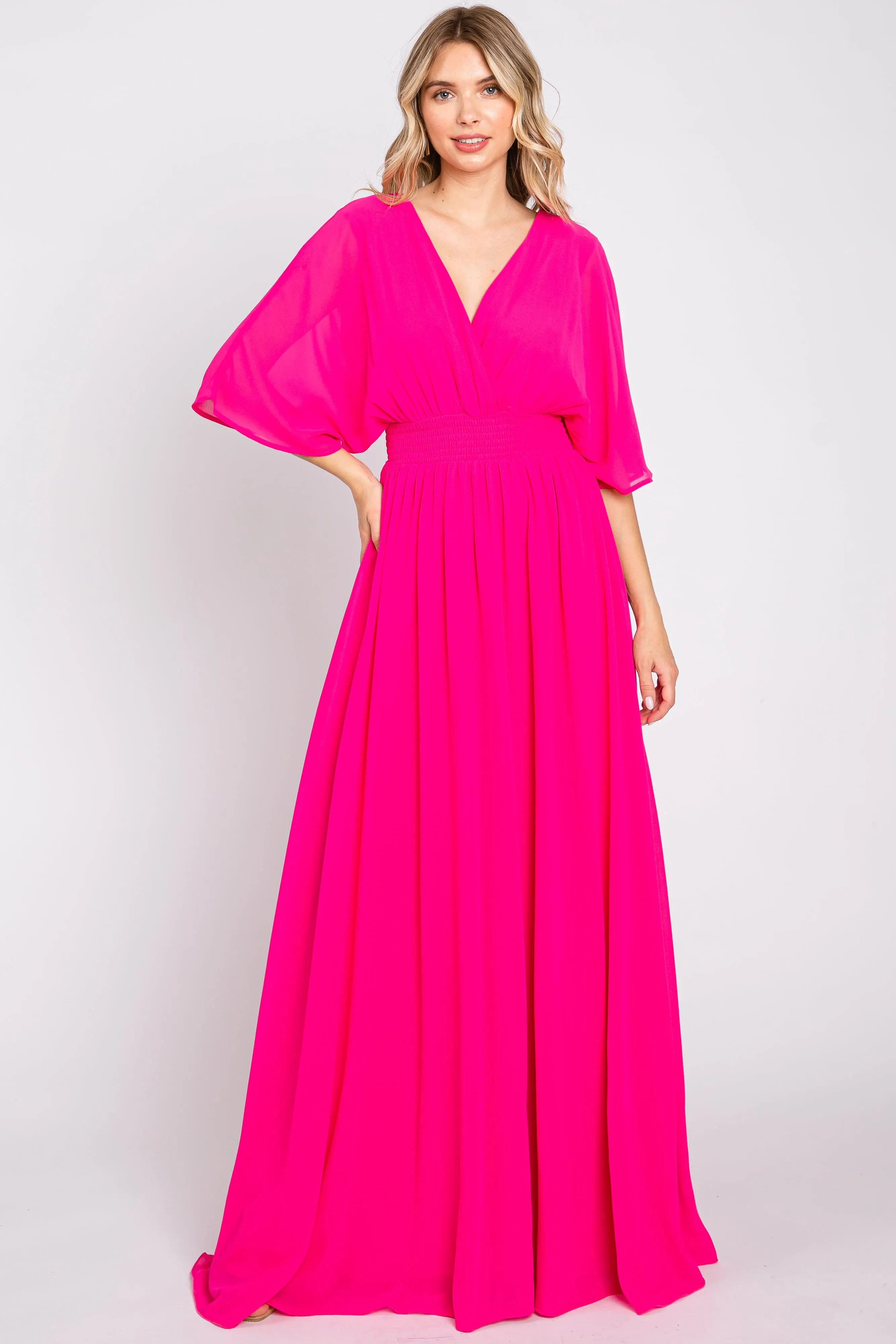Fuchsia Chiffon V-Neck Smocked Waist Maternity Maxi Dress sold by Pinkblush product image thumbnail 5