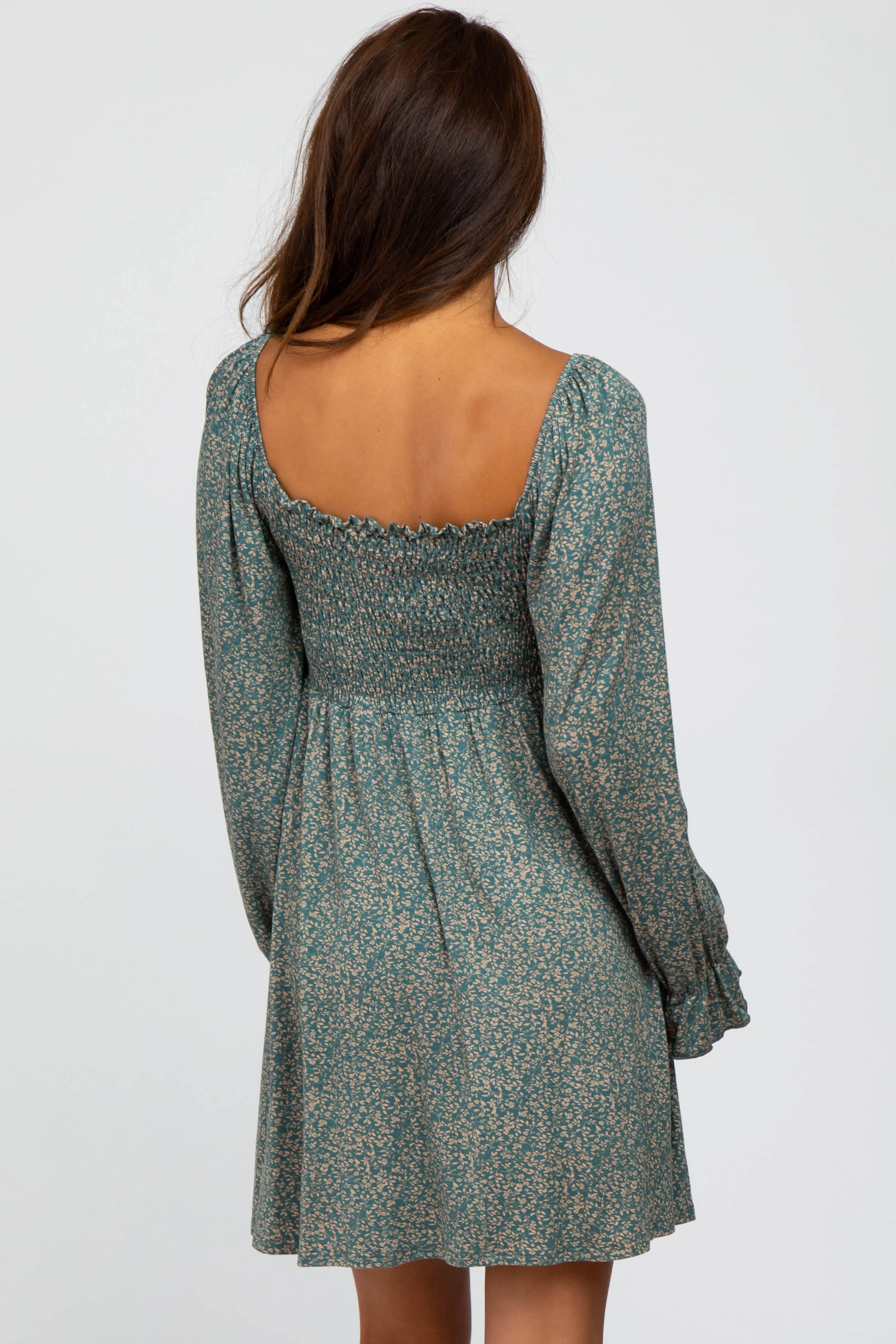 Teal Floral Smocked Peasant Sleeve Dress sold by Pinkblush product image thumbnail 4