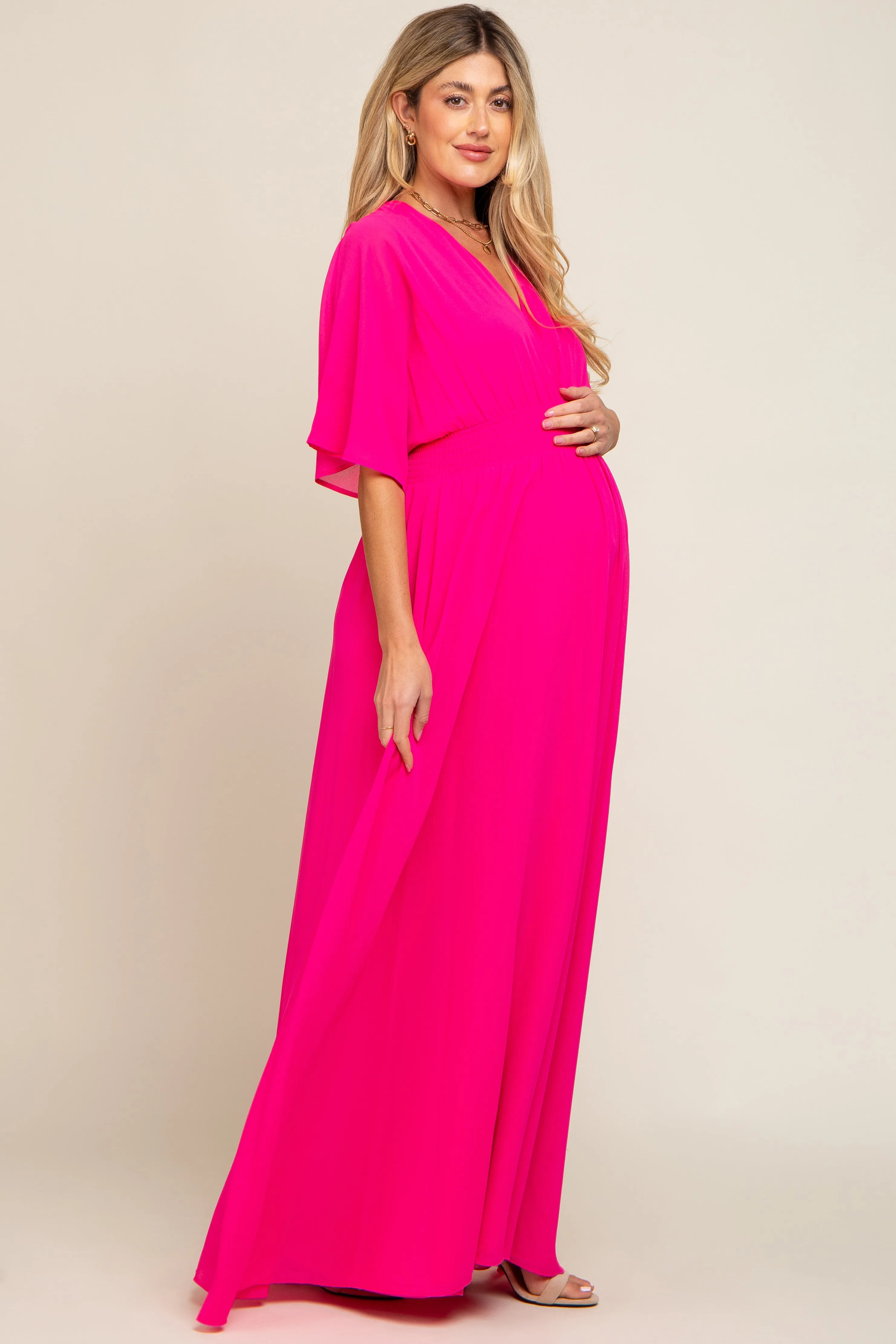 Fuchsia Chiffon V-Neck Smocked Waist Maternity Maxi Dress sold by Pinkblush product image thumbnail 2