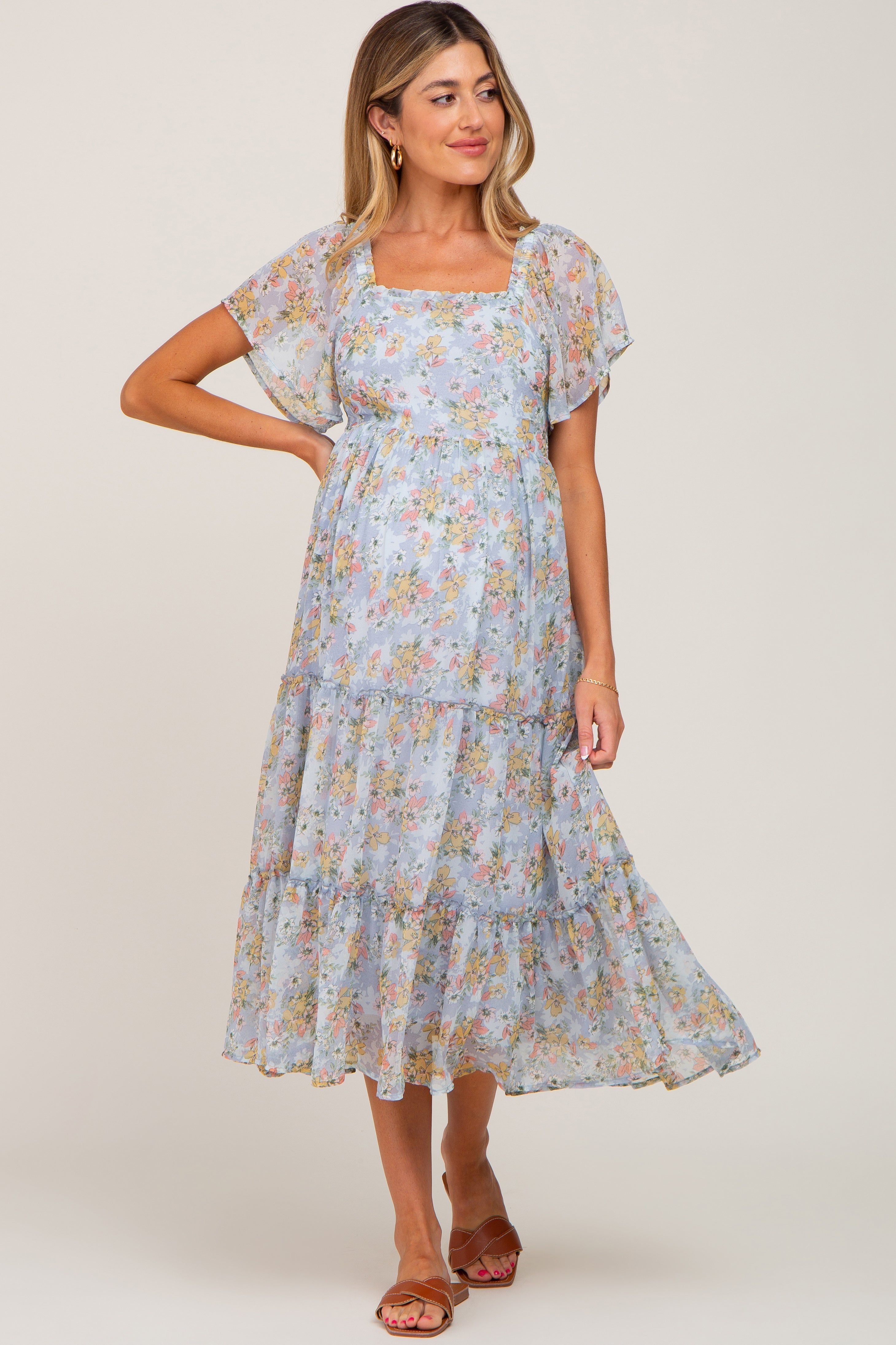 Light Blue Floral Chiffon Tiered Maternity Midi Dress sold by Pinkblush