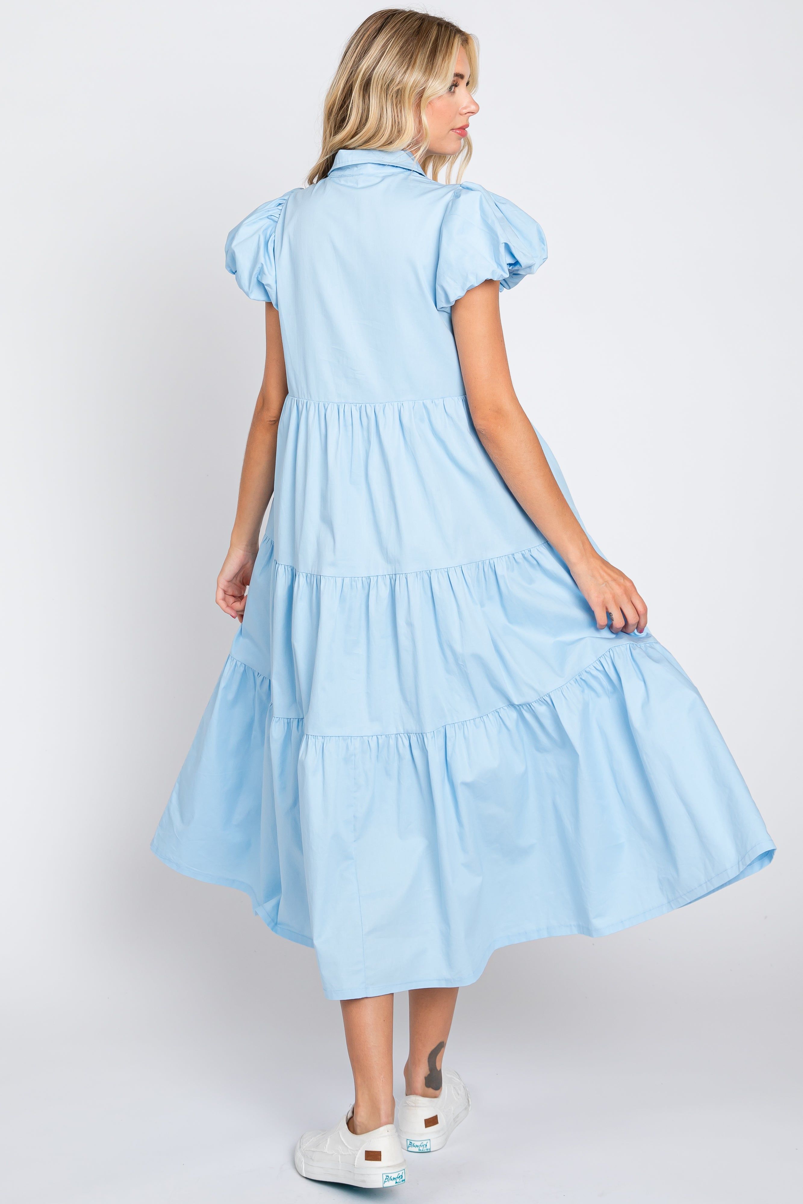 Light Blue Puff Sleeve Button Down Midi Dress sold by Pinkblush product image thumbnail 3