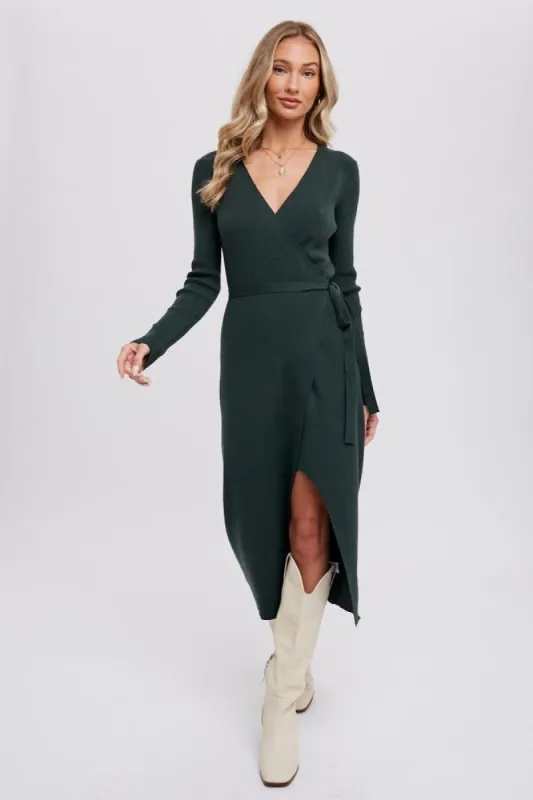 Hunter Green Ribbed Wrap Sweater Dress sold by Pinkblush