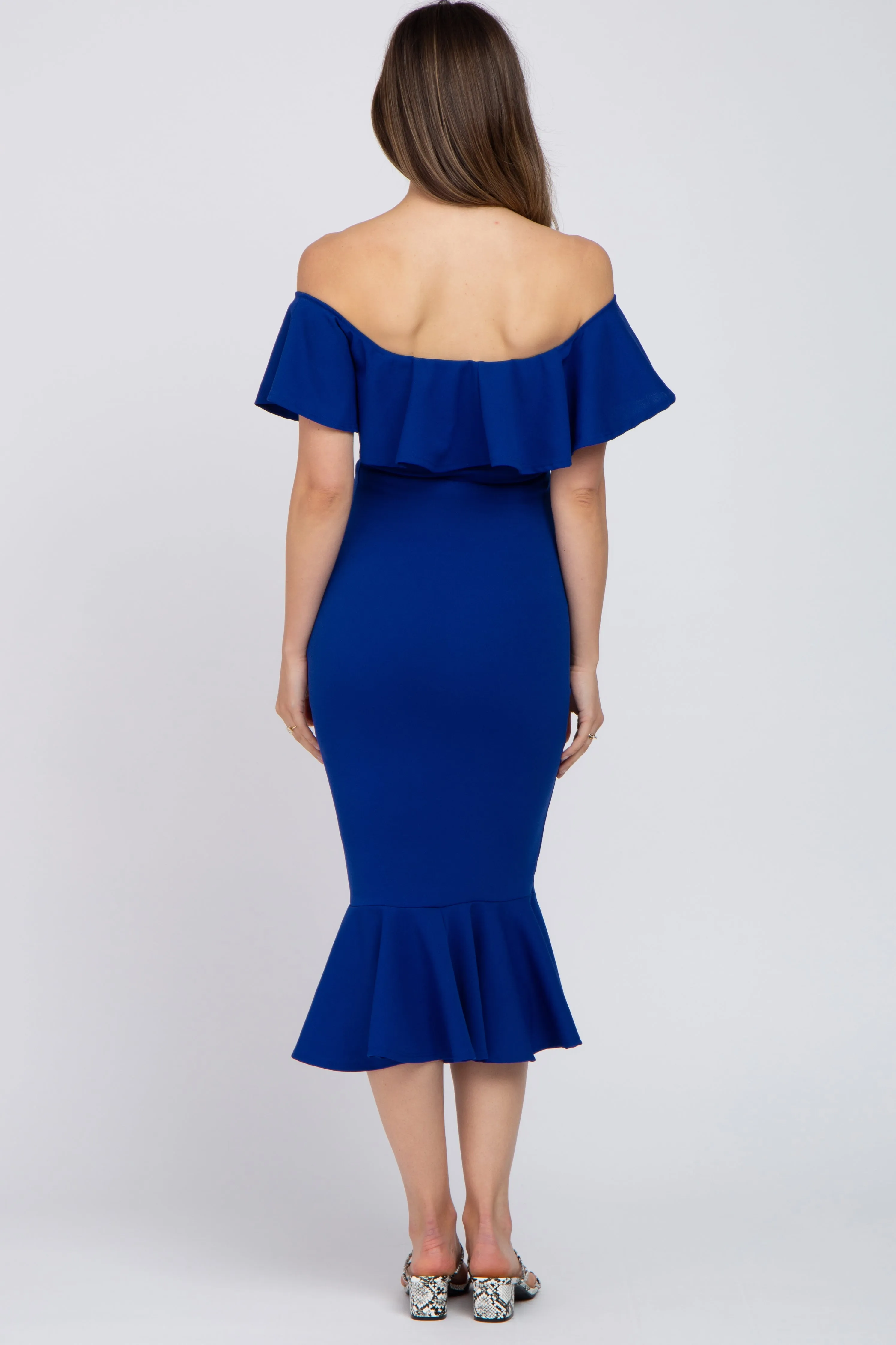 Royal Blue Ruffle Off Shoulder Mermaid Hem Maternity Dress sold by Pinkblush product image thumbnail 2