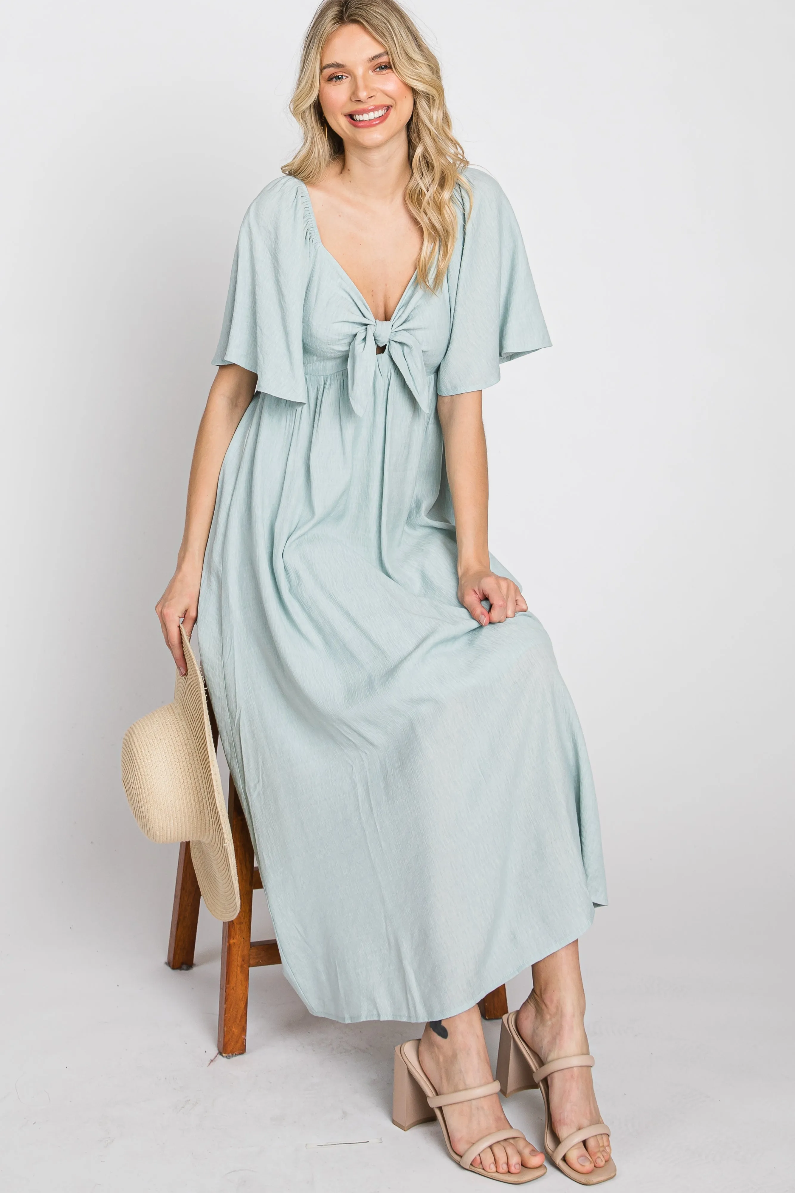 Light Blue Front Tie Ruffle Sleeve Maternity Midi Dress sold by Pinkblush product image thumbnail 4