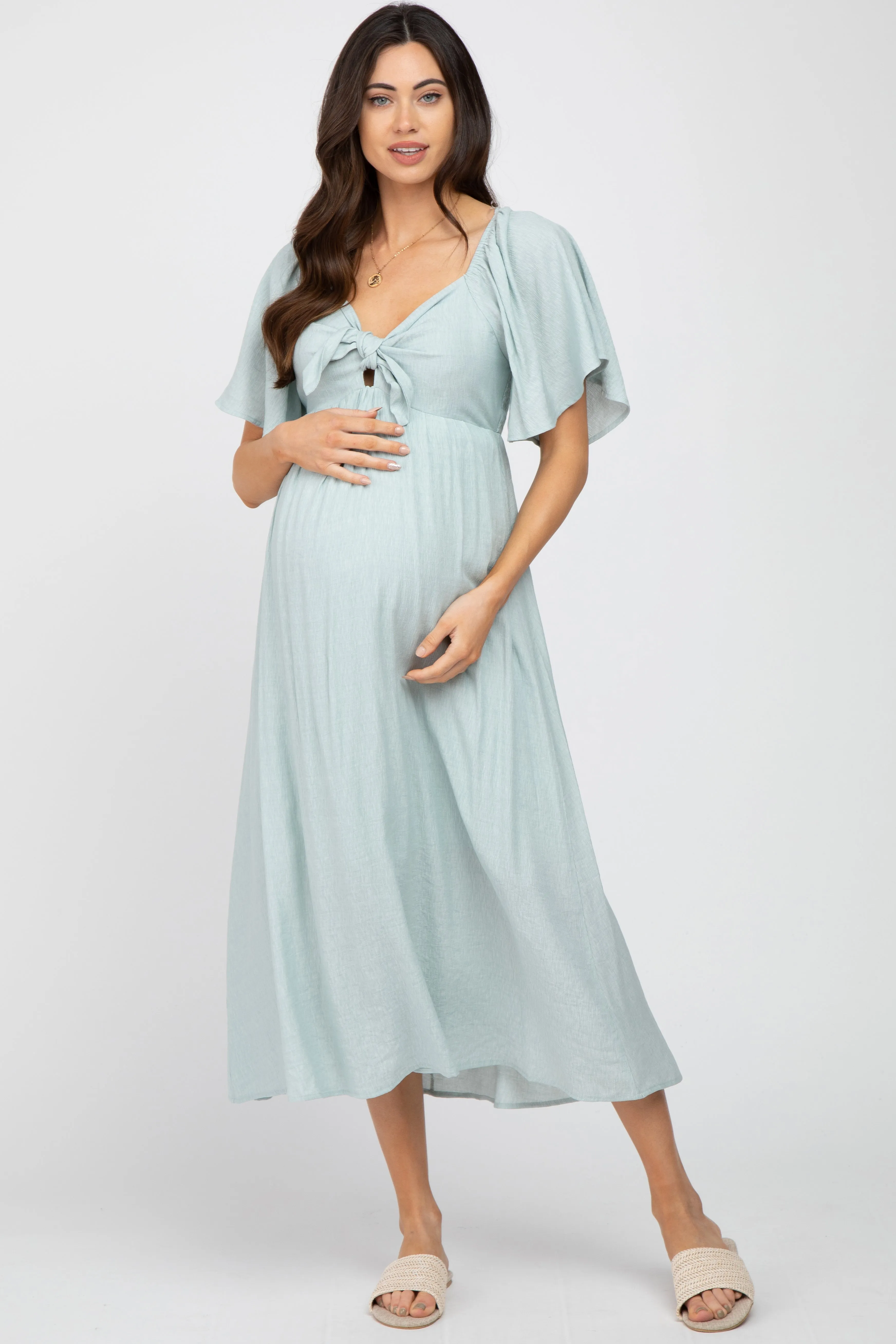 Light Blue Front Tie Ruffle Sleeve Maternity Midi Dress sold by Pinkblush
