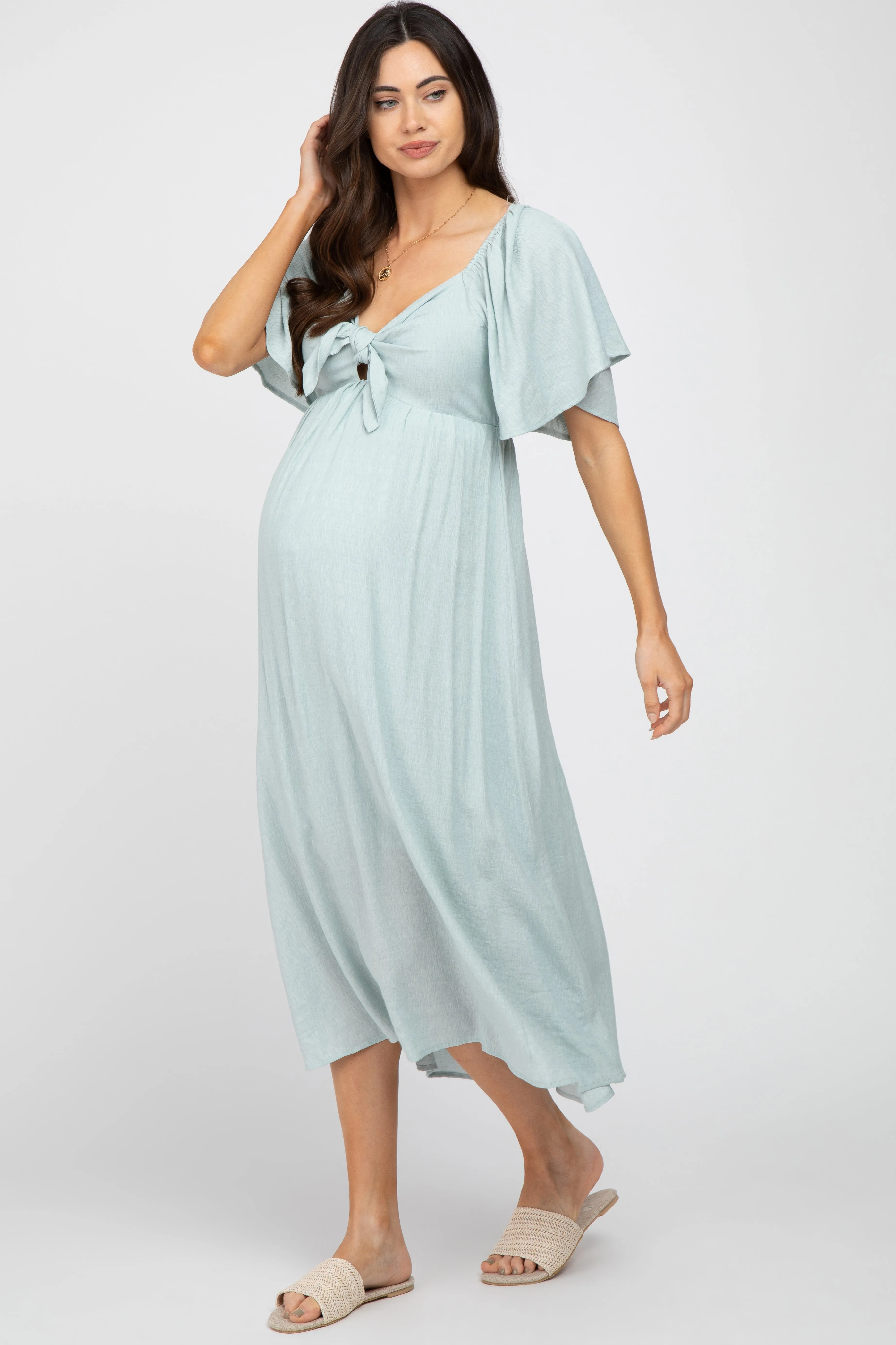 Light Blue Front Tie Ruffle Sleeve Maternity Midi Dress sold by Pinkblush product image thumbnail 2