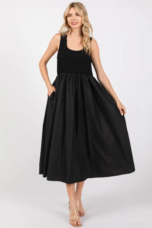 Black Textured Scoop Neck Sleeveless Midi Dress sold by Pinkblush