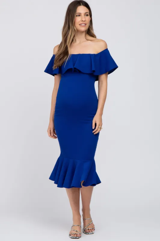 Royal Blue Ruffle Off Shoulder Mermaid Hem Maternity Dress sold by Pinkblush