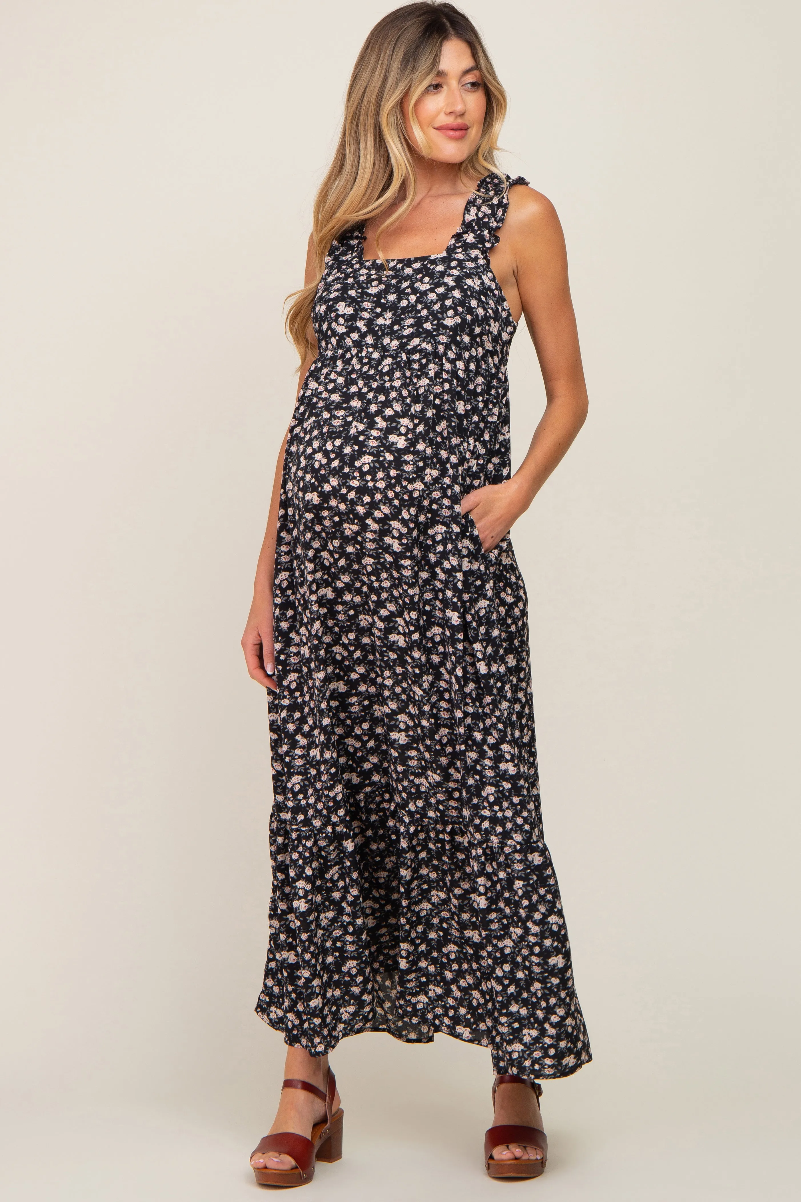 Black Floral Ruffle Trim Maternity Maxi Dress sold by Pinkblush