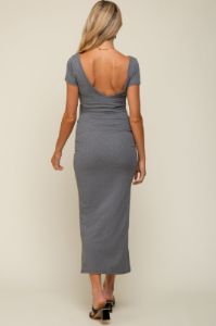 Grey Basic Ribbed Side Slit Maternity Midi Dress sold by Pinkblush