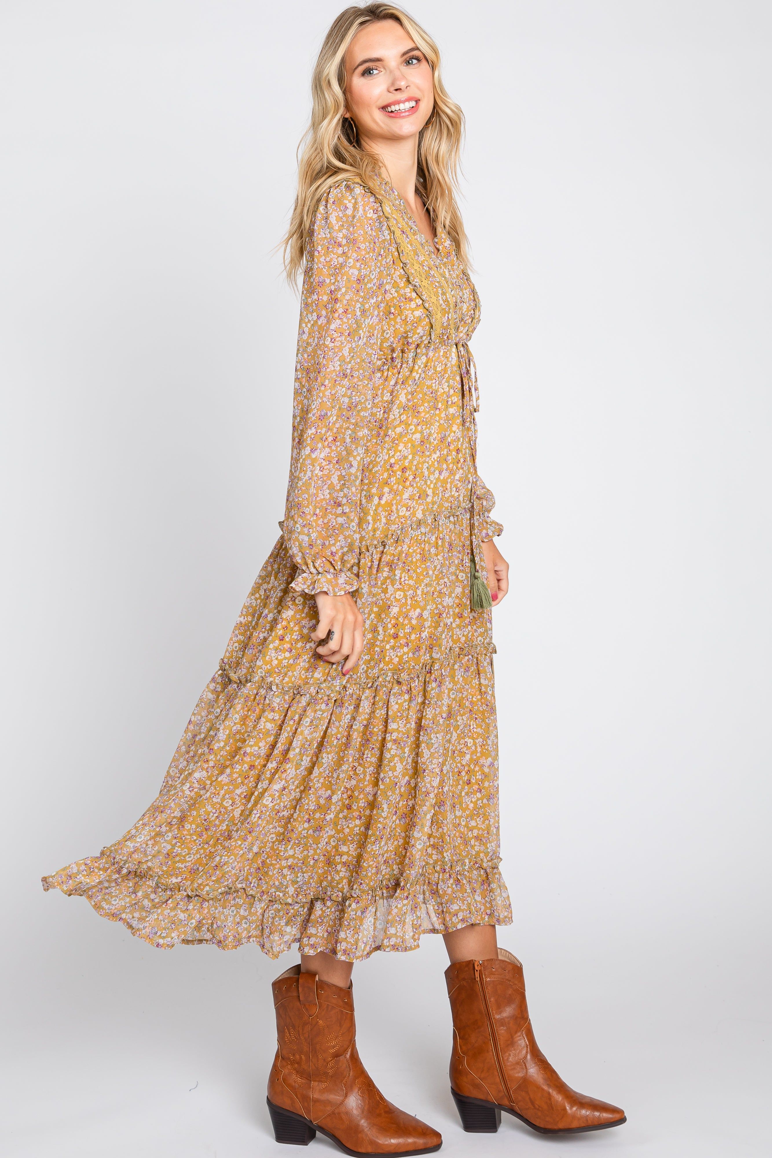 Dark Yellow Floral Ruffle Accent Tiered Midi Dress sold by Pinkblush product image thumbnail 3