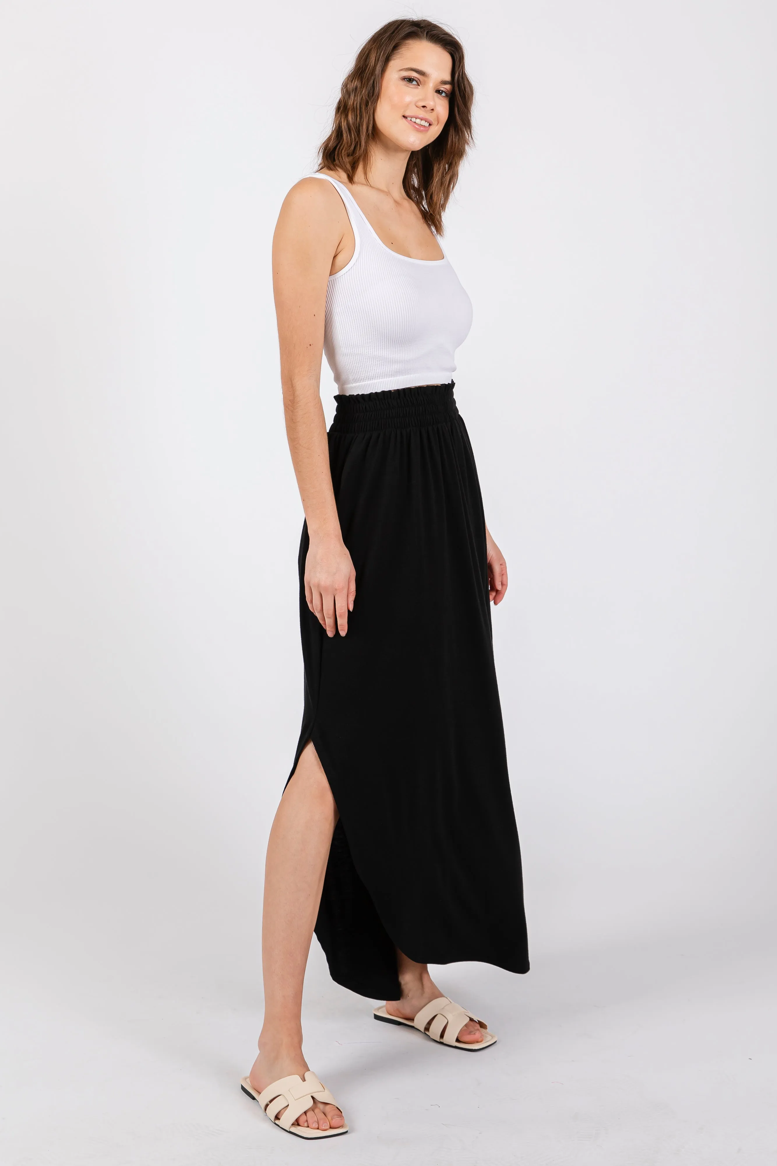 Black Smocked Rounded Hem Maxi Skirt sold by Pinkblush product image thumbnail 2