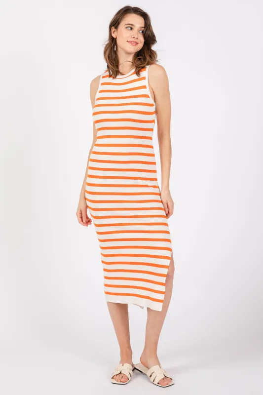 White Orange Striped Knit Sleeveless Side Slit Midi Dress sold by Pinkblush