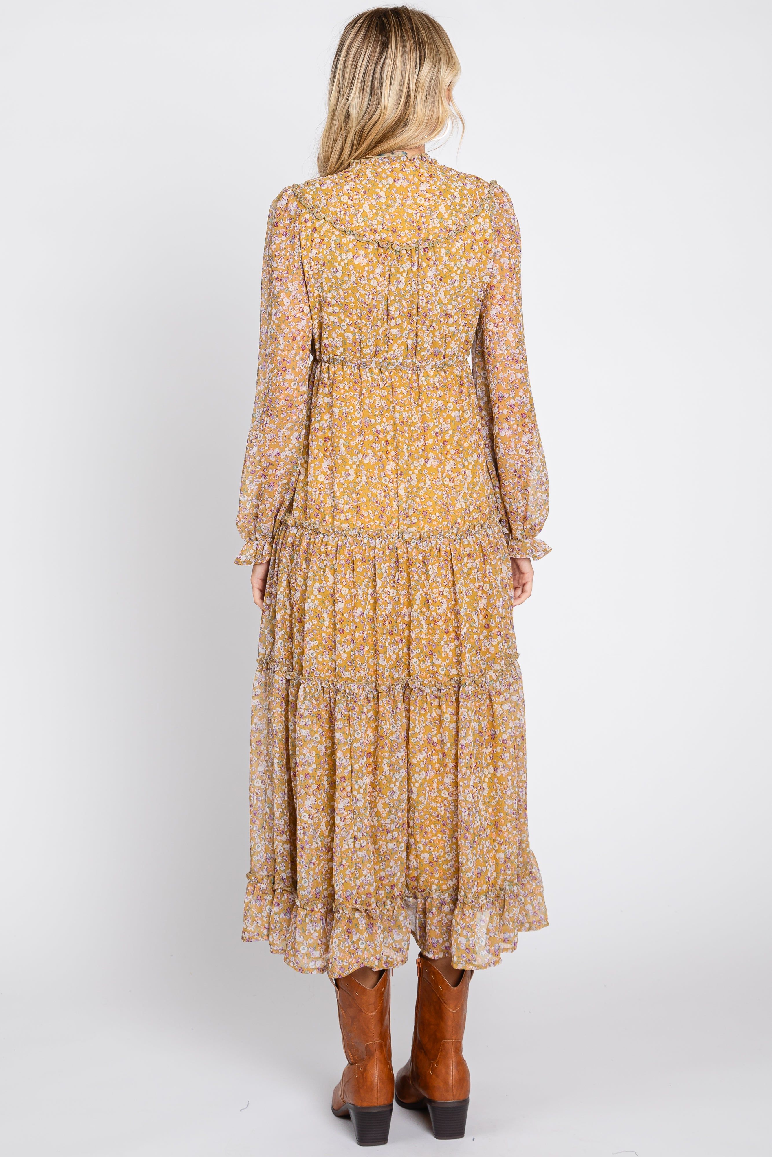 Dark Yellow Floral Ruffle Accent Tiered Midi Dress sold by Pinkblush product image thumbnail 4