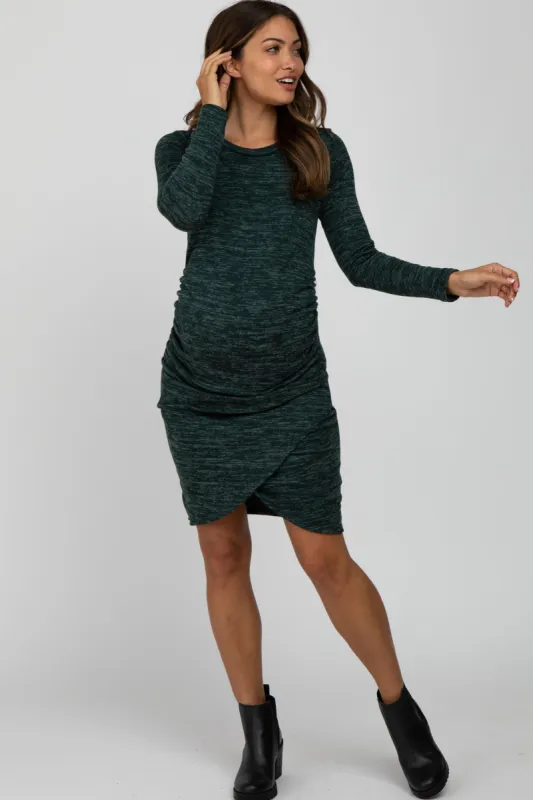 Green Heathered Ruched Tulip Hem Maternity Dress sold by Pinkblush
