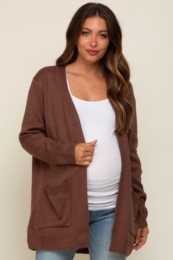 Brown Front Pocket Maternity Cardigan sold by Pinkblush