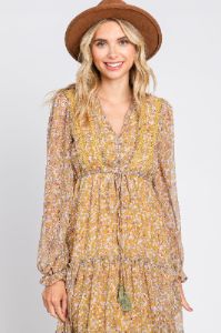 Dark Yellow Floral Ruffle Accent Tiered Midi Dress sold by Pinkblush