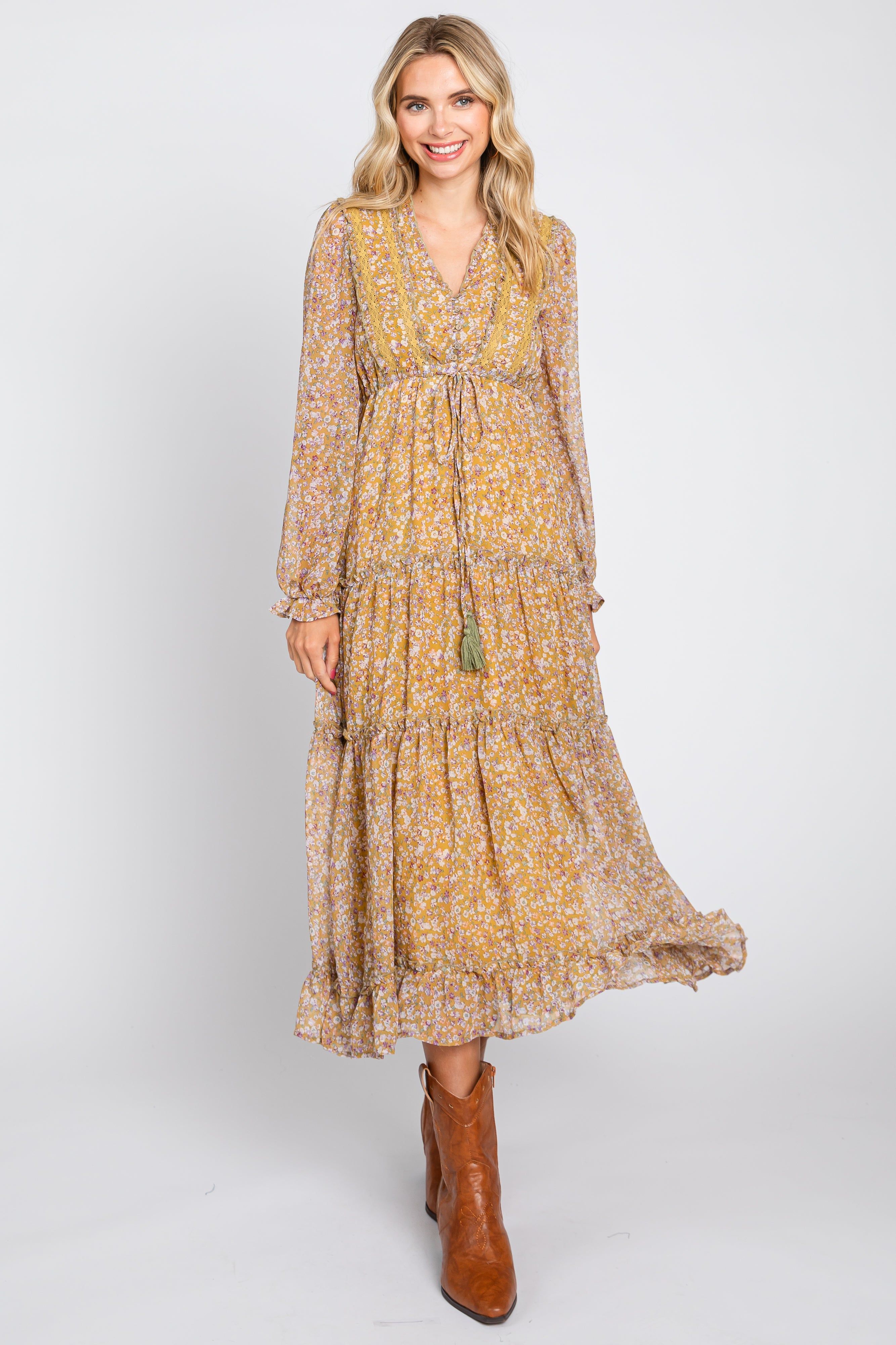 Dark Yellow Floral Ruffle Accent Tiered Midi Dress sold by Pinkblush product image thumbnail 2