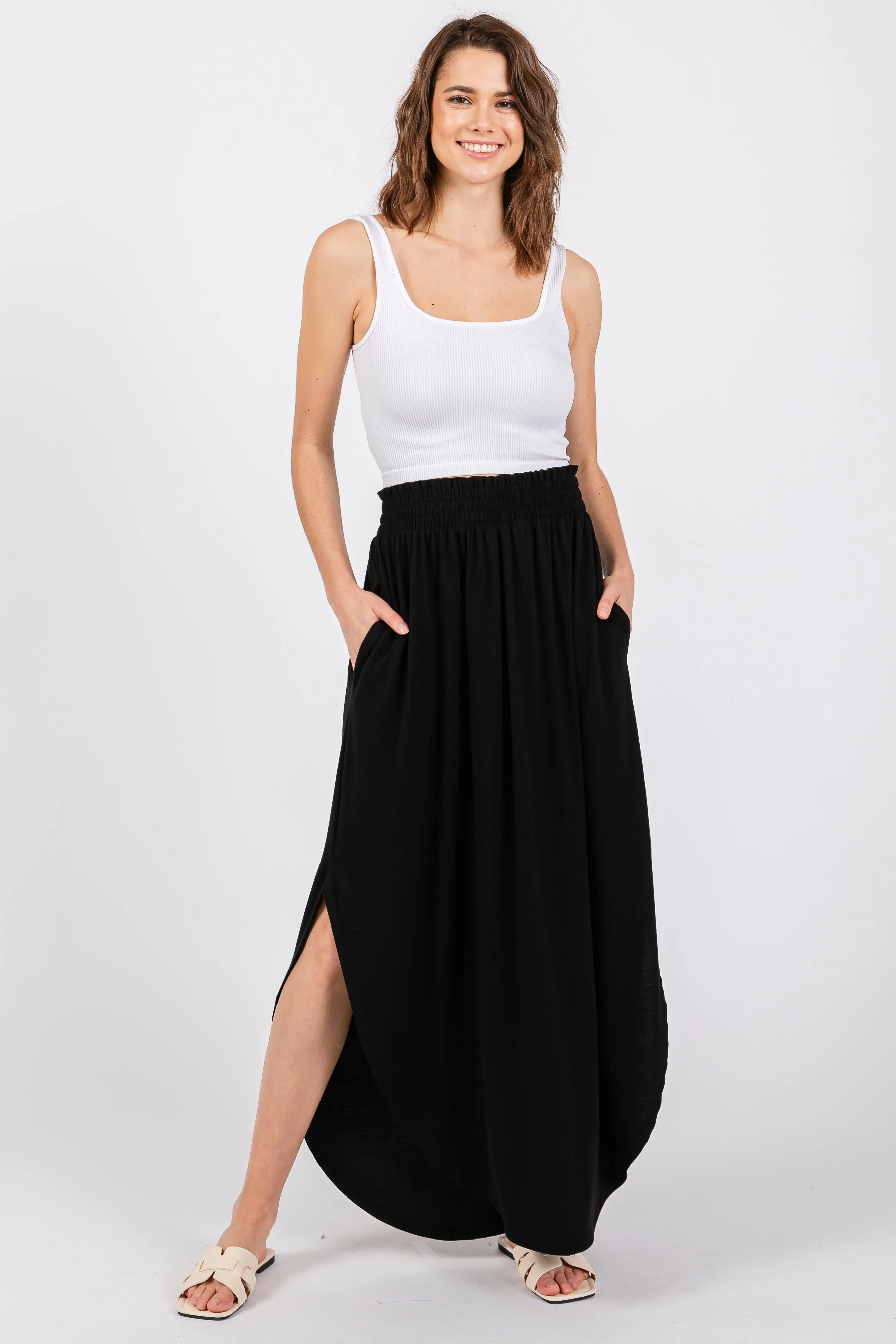 Black Smocked Rounded Hem Maxi Skirt sold by Pinkblush