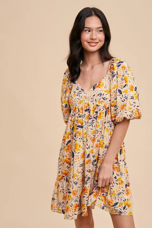 Multicolor Floral Print Puff Sleeve Dress sold by Pinkblush