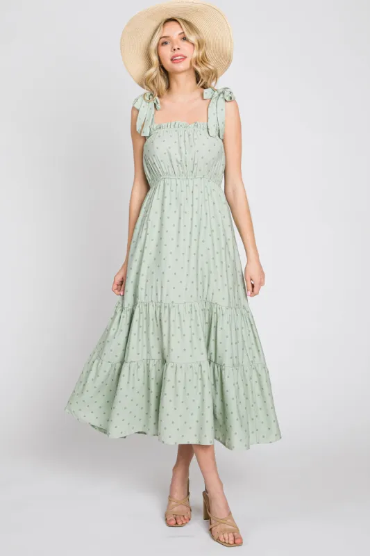 Sage Polka Dot Shirred Midi Dress sold by Pinkblush