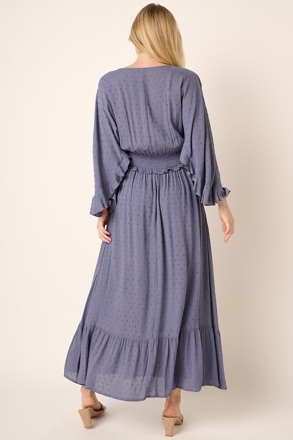 Dusty Blue Swiss Dot Full Bell Sleeve Maxi Dress sold by Pinkblush product image thumbnail 3
