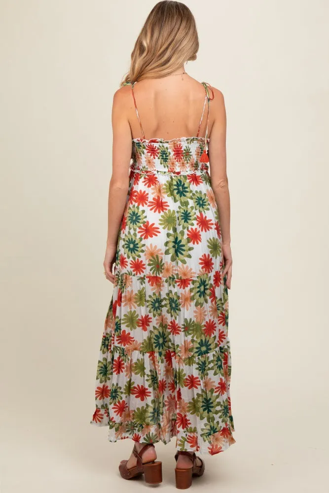 Green Floral Smocked Shoulder Tie Maternity Maxi Dress sold by Pinkblush product image thumbnail 3