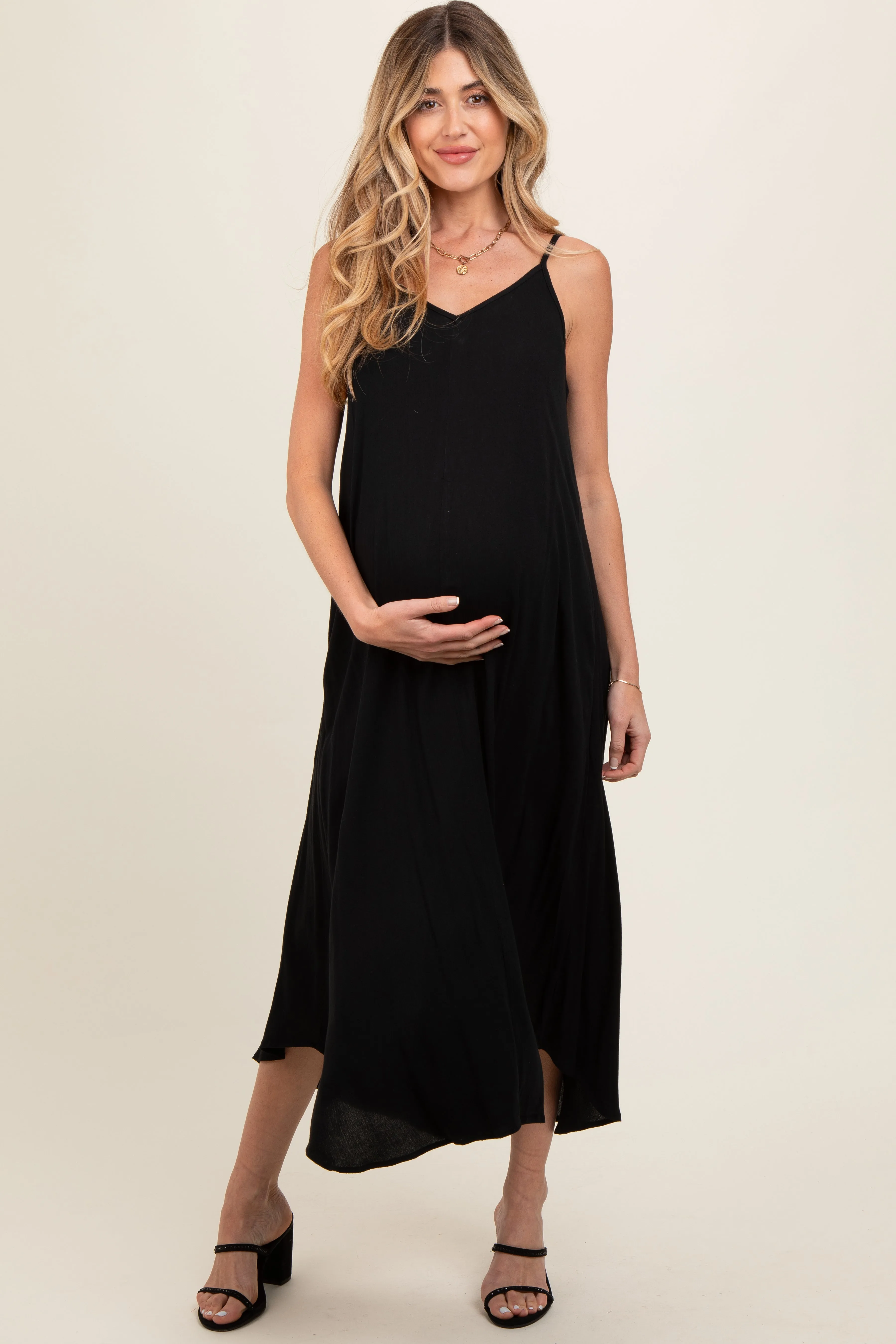 Black Lightweight Sleeveless V-Neck Maternity Maxi Dress sold by Pinkblush