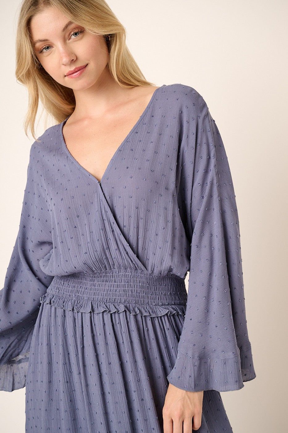 Dusty Blue Swiss Dot Full Bell Sleeve Maxi Dress sold by Pinkblush product image thumbnail 4