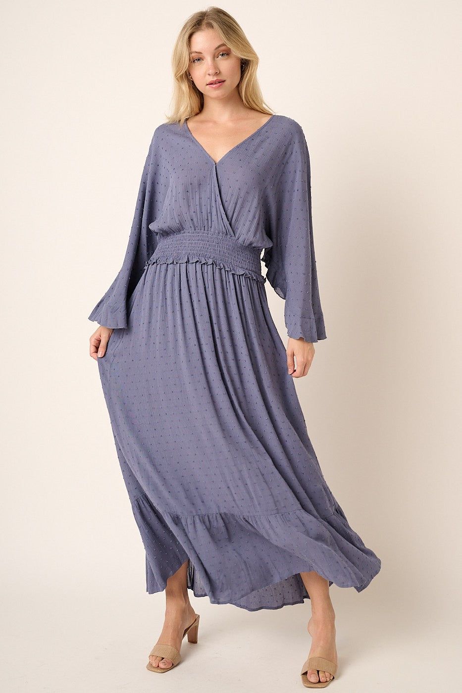 Dusty Blue Swiss Dot Full Bell Sleeve Maxi Dress sold by Pinkblush