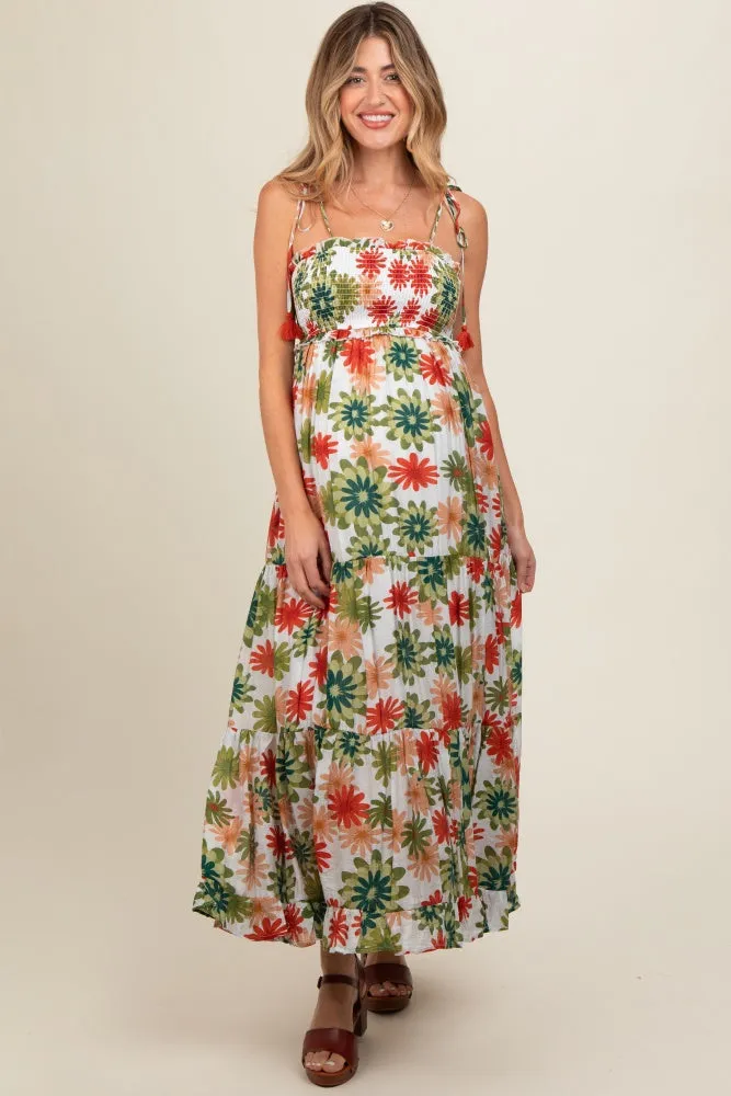 Green Floral Smocked Shoulder Tie Maternity Maxi Dress sold by Pinkblush