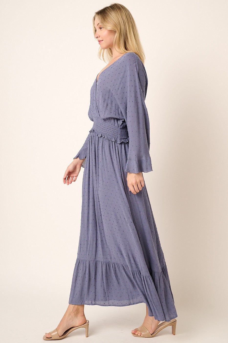Dusty Blue Swiss Dot Full Bell Sleeve Maxi Dress sold by Pinkblush product image thumbnail 2