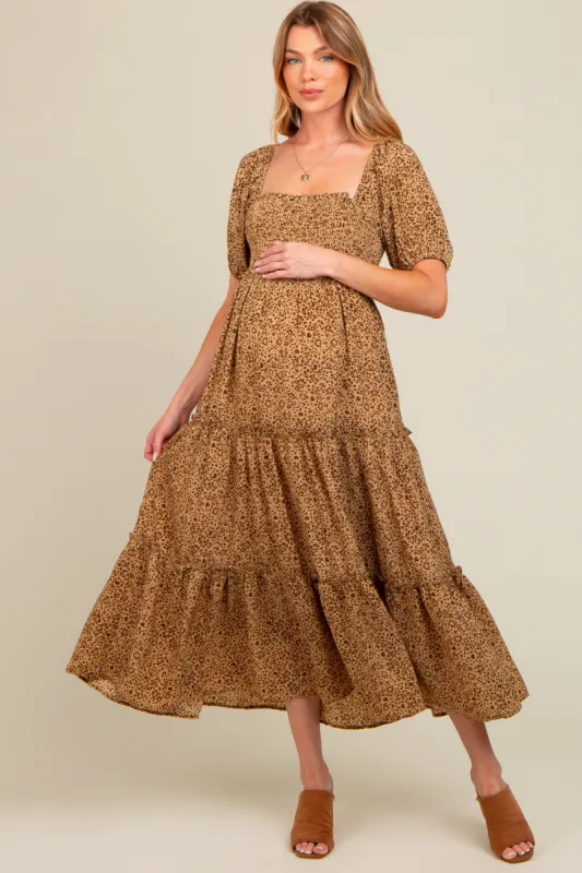 Mocha Floral Leopard Print Maternity Midi Dress sold by Pinkblush