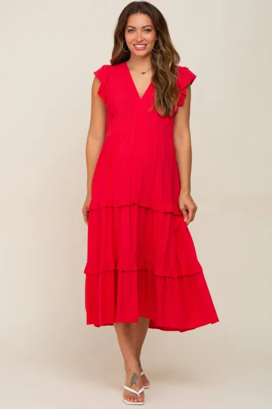 Red Ruffle Accent Tiered Maternity Midi Dress sold by Pinkblush
