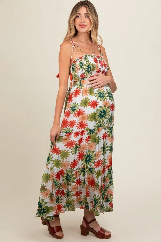 Green Floral Smocked Shoulder Tie Maternity Maxi Dress sold by Pinkblush product image thumbnail 2