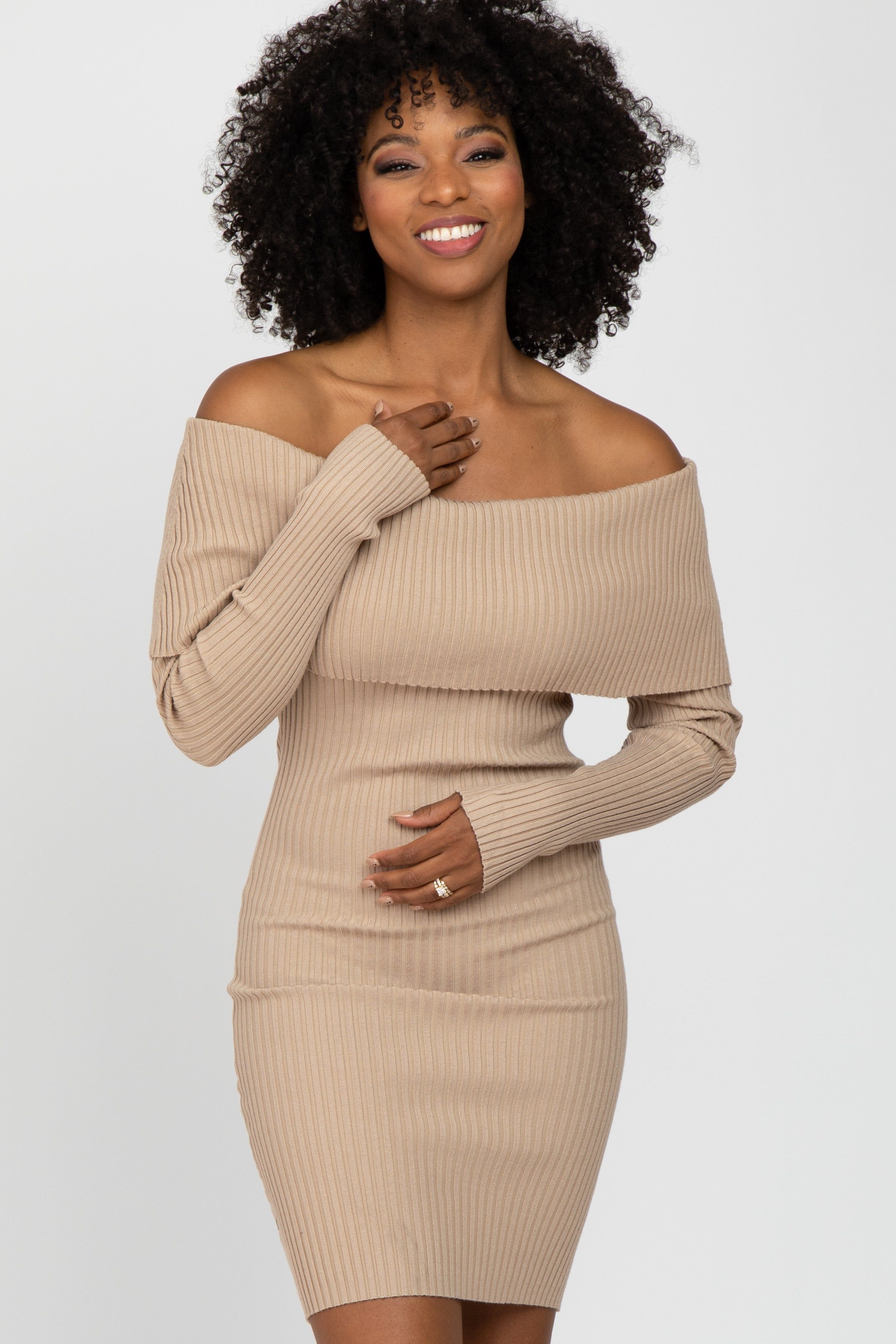 Taupe Ribbed Off Shoulder Maternity Fitted Sweater Dress sold by Pinkblush product image thumbnail 5